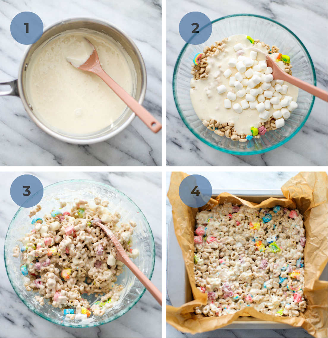 A stainless steel sauce pan of melted marshmallow, a glass mixing bowl of cereal and marshmallows, mixed together treats, and pressed into a parchment lined pan.