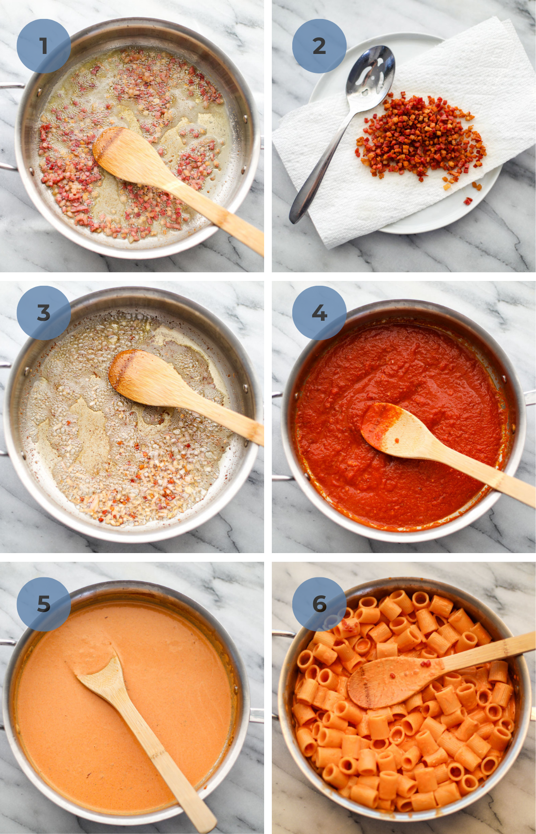 A stainless steel skillet with diced pancetta, a white paper towel lined plate with cooked pancetta and a silver spoon, marinara sauce in a skillet, added cream, and pasta tossed into the sauce.