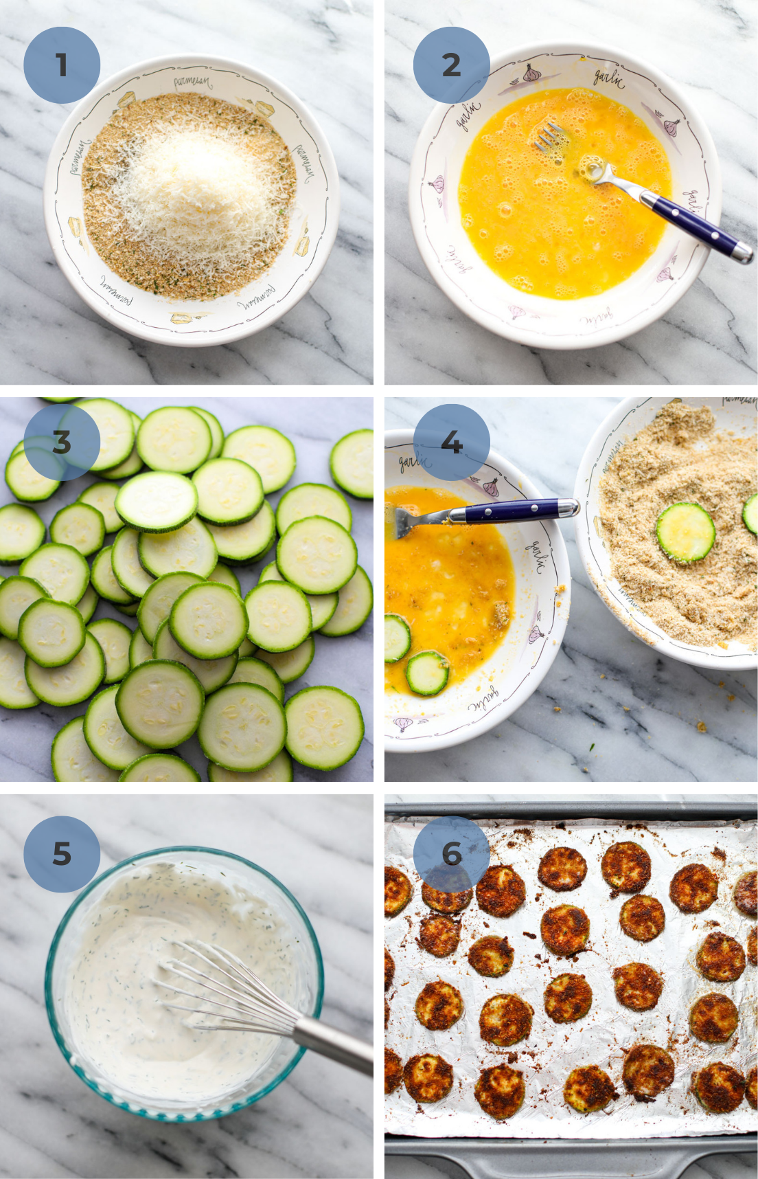 A white bowl filled with breadcrumbs and cheese, a separate white bowl with whisked eggs, slices of zucchini, a clear bowl filled with white sauce with a metal whisk, and a metal sheet pan with oven baked zucchini coins.