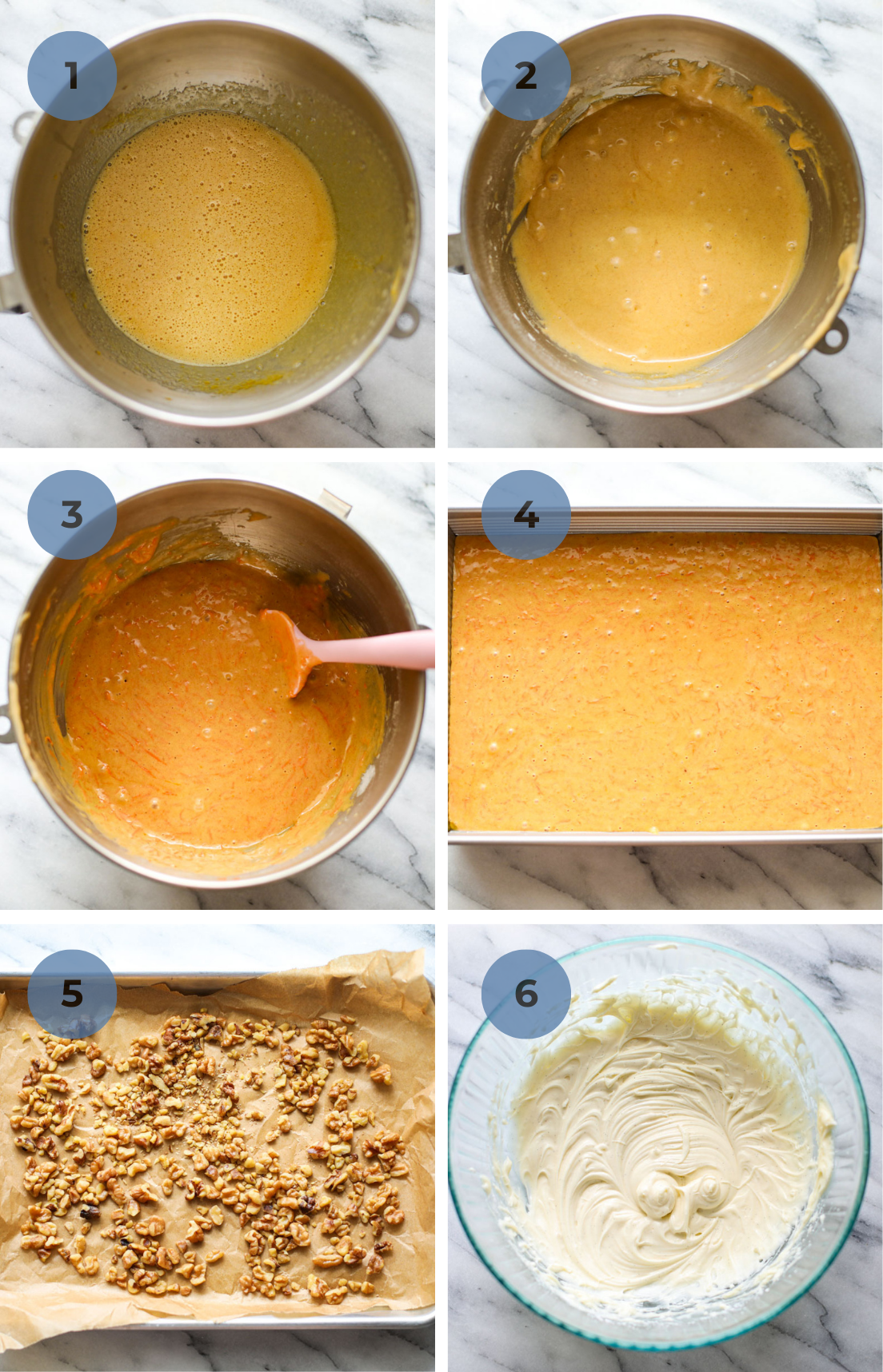 A mixing bowl of carrot cake batter, poured into a baking pan, toasting walnuts on a sheet pan, and a glass bowl of whipped cream cheese frosting.