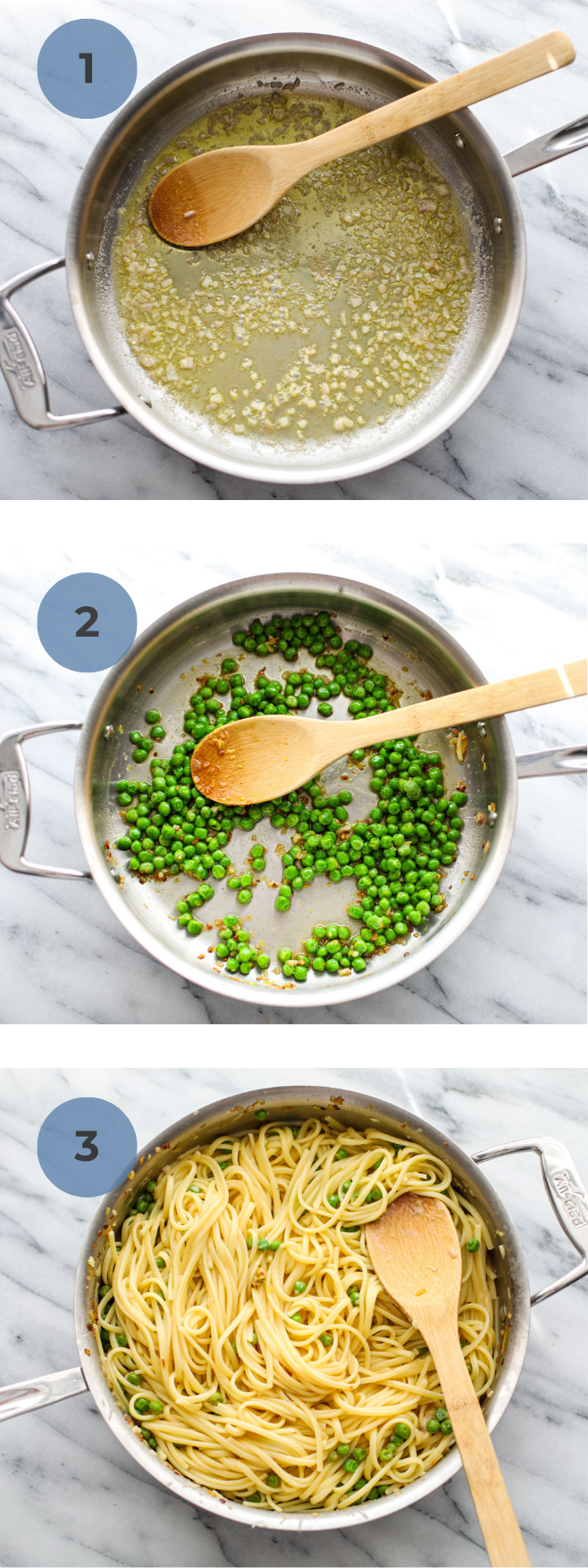 Stainless steel pan with oil and shallot, added peas, and then added linguine.