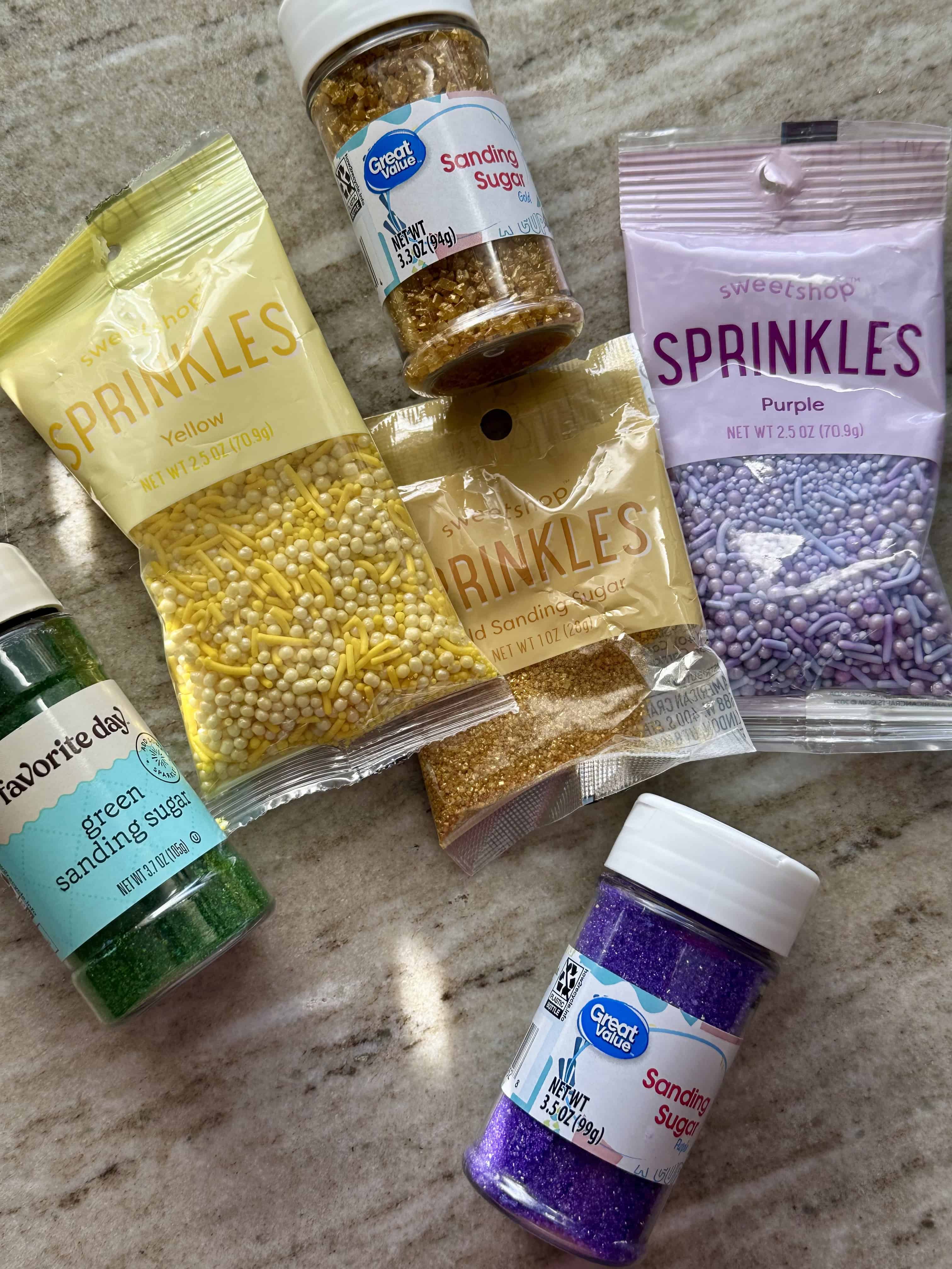 Purple, yellow, and green sprinkles.