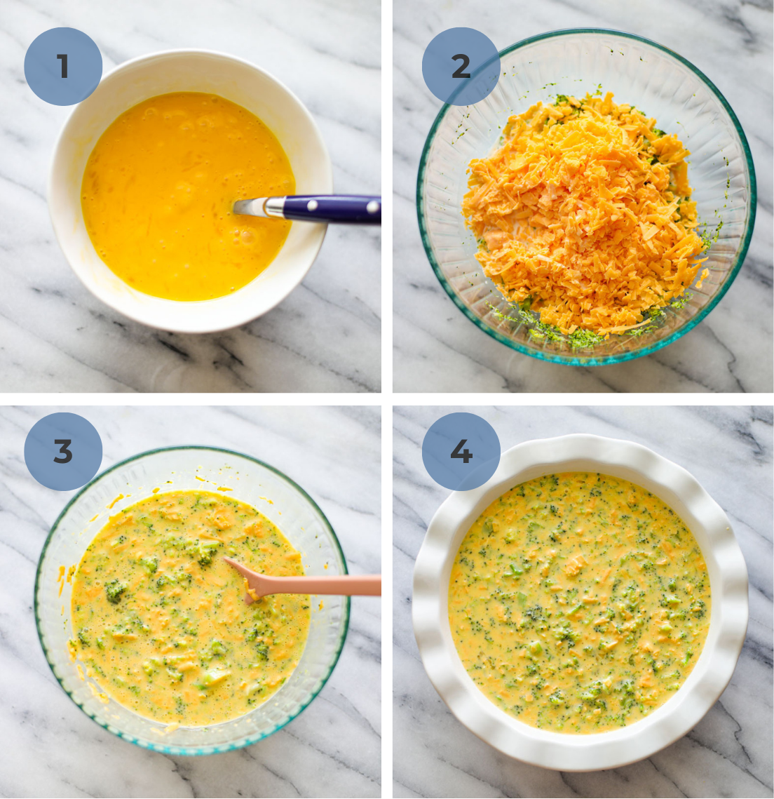 A white bowl with whisked eggs, added to a glass mixing bowl with a pink spoon, and poured into a white ruffled pie dish. 