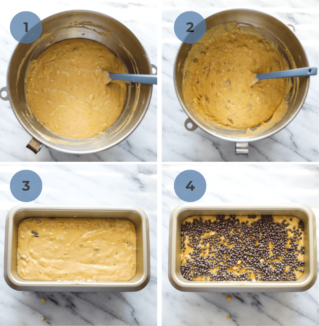 A stainless steel bowl of banana bread batter, added in chocolate chips, poured into a loaf pan, and topped with mini chocolate chips.