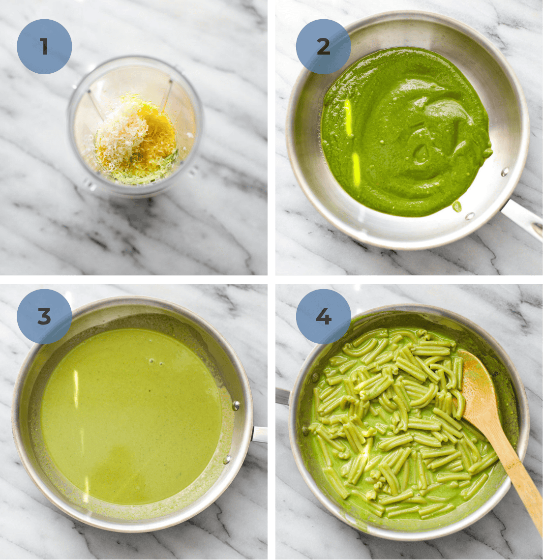 Step by step instructions to make creamy pesto pasta including adding the ingredients into a tall blender, pouring the blended pesto into a pan, adding cream, and adding cooked pasta. 