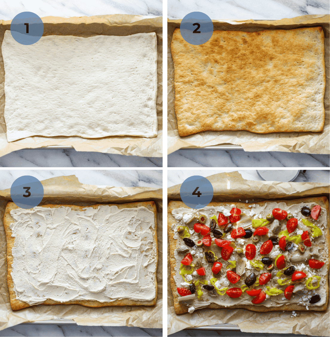 Step by step instructions including pizza dough on a parchment lined baking sheet that's baked in the oven, spread with hummus and topped with various toppings. 