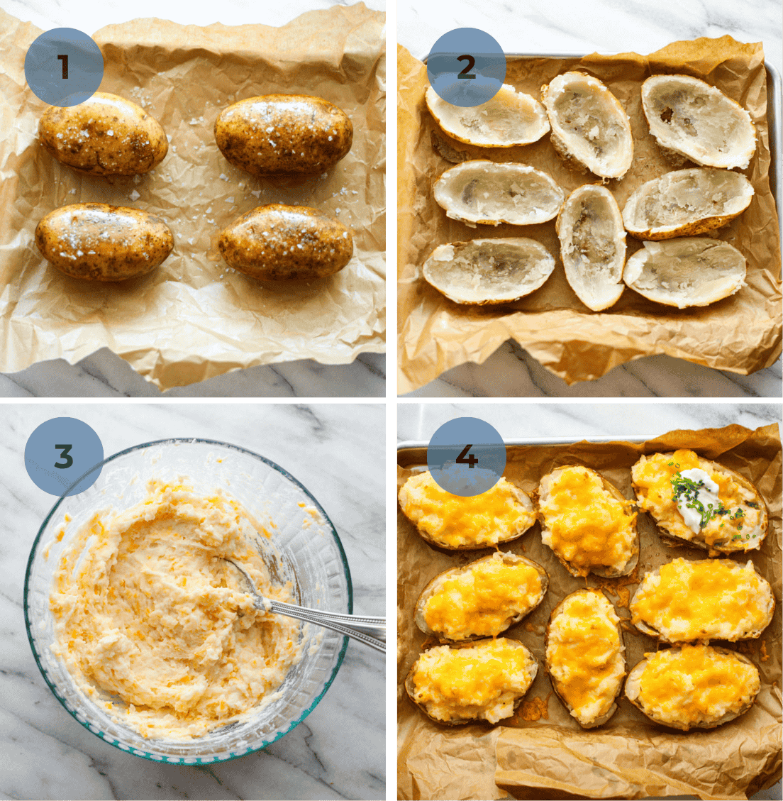 Instructions to make twice baked potatoes including a baking sheet of potatoes, cooked and halved with potato removed, a glass bowl of the potato mixture, and the skins stuffed and topped with cheese.