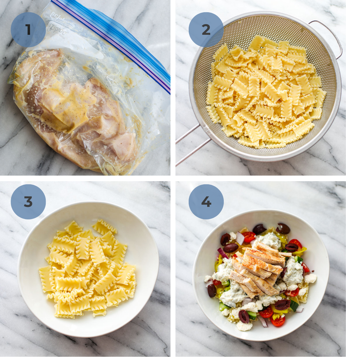 A ziplock bag of marinating chicken breasts, cooked pasta in a metal strainer, cooked pasta at the bottom of a bowl, topped with mediterranean toppings and slices of chicken.