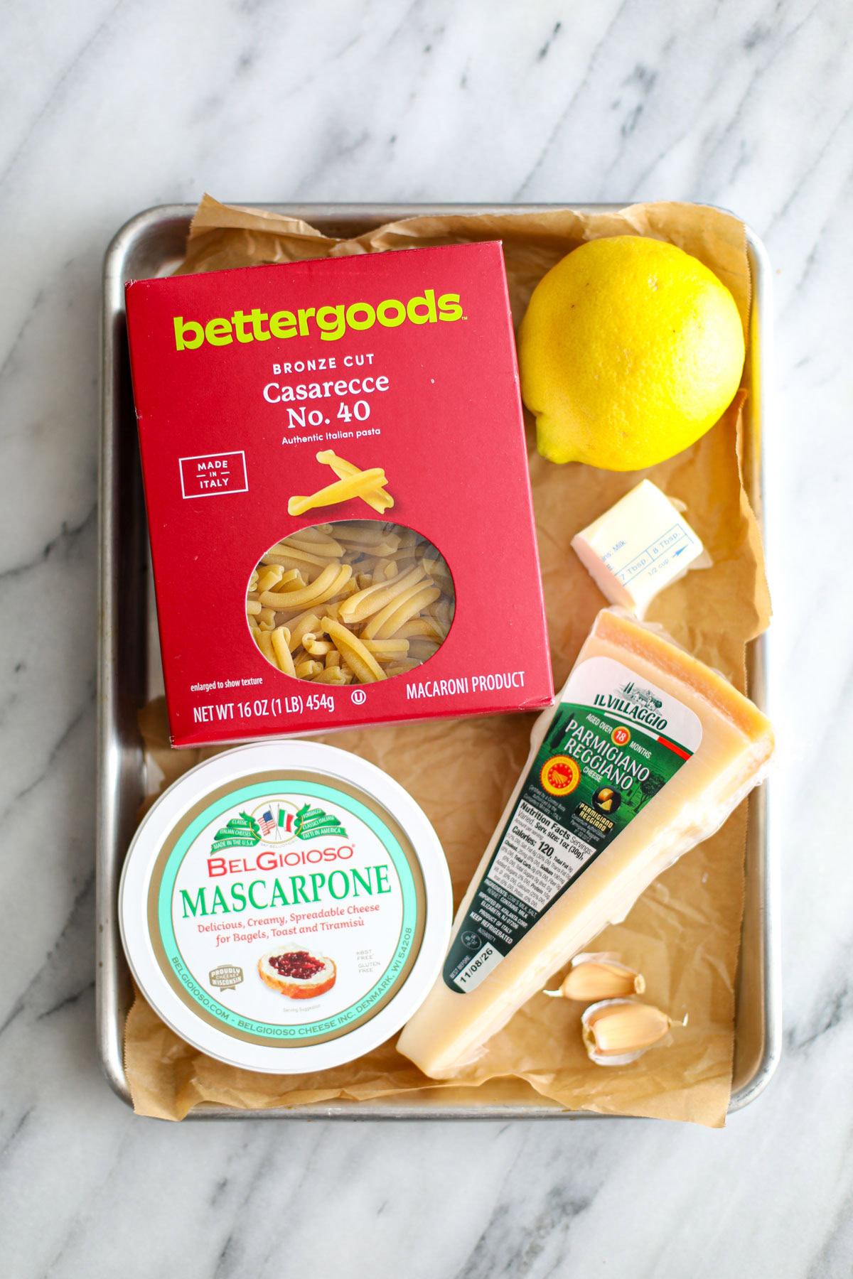 A sheet tray of ingredients to make creamy lemon pasta.