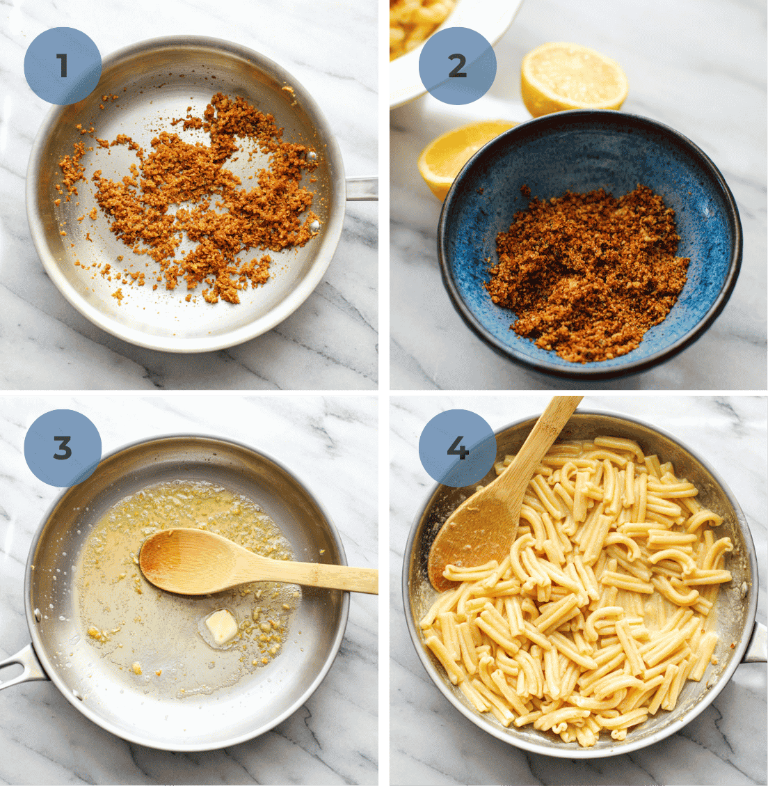 How to make images for making creamy lemon pasta starting with the breadcrumb topping, making the creamy sauce, and combining with pasta.
