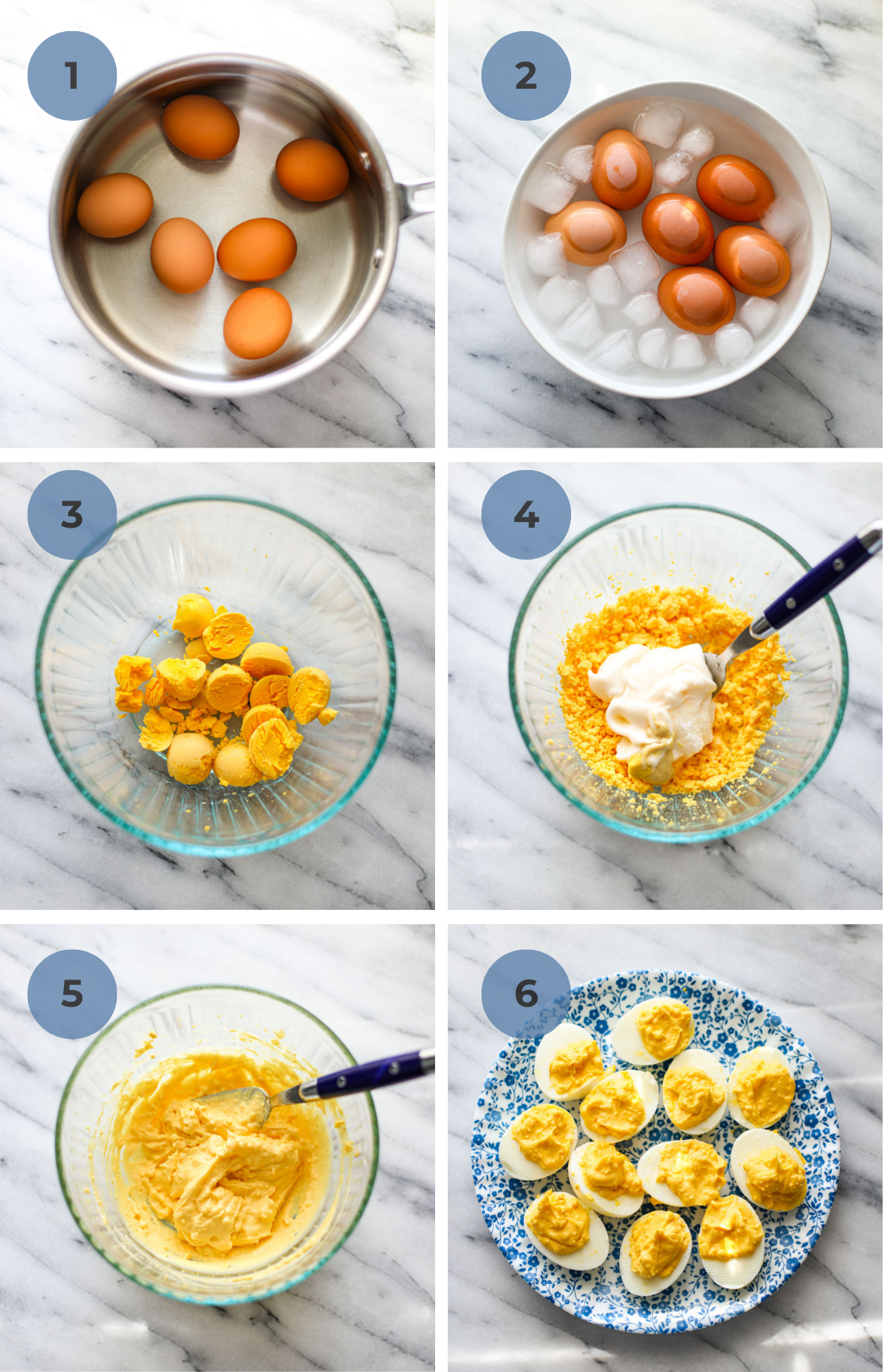 A stainless steel pot with six eggs filled with water, a white bowl of cooked eggs in ice water, a clear bowl of egg yolks removed from hardboiled eggs, a clear bowl of mashed egg yolks with the filling and then combined, and deviled eggs on a blue floral plate. 