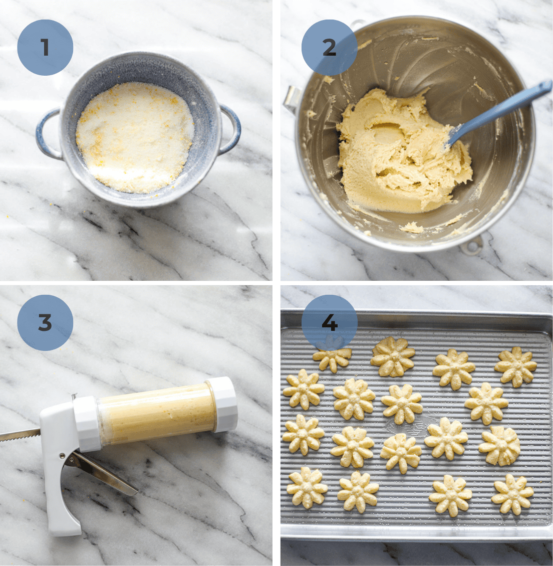 Steps to make spritz cookies including rubbing the lemon zest with the sugar, making the dough, loading the cookie press, and shooting the cookies on the pan. 