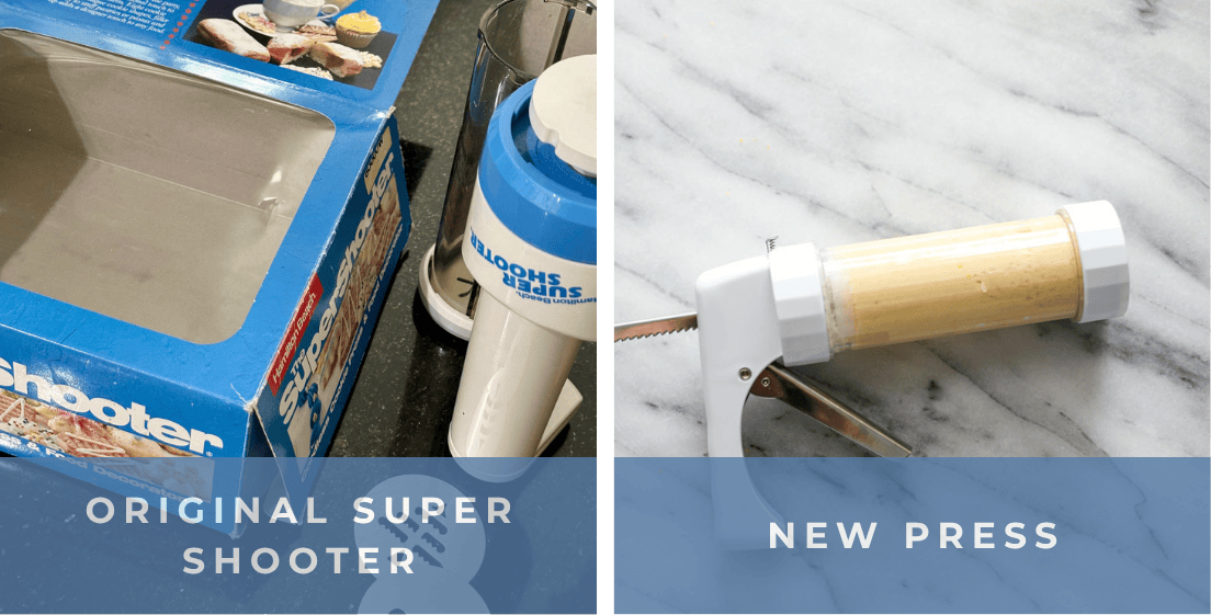 An old school electric super shooter and newer non-electric cookie press showcasing how to make spritz cookies.