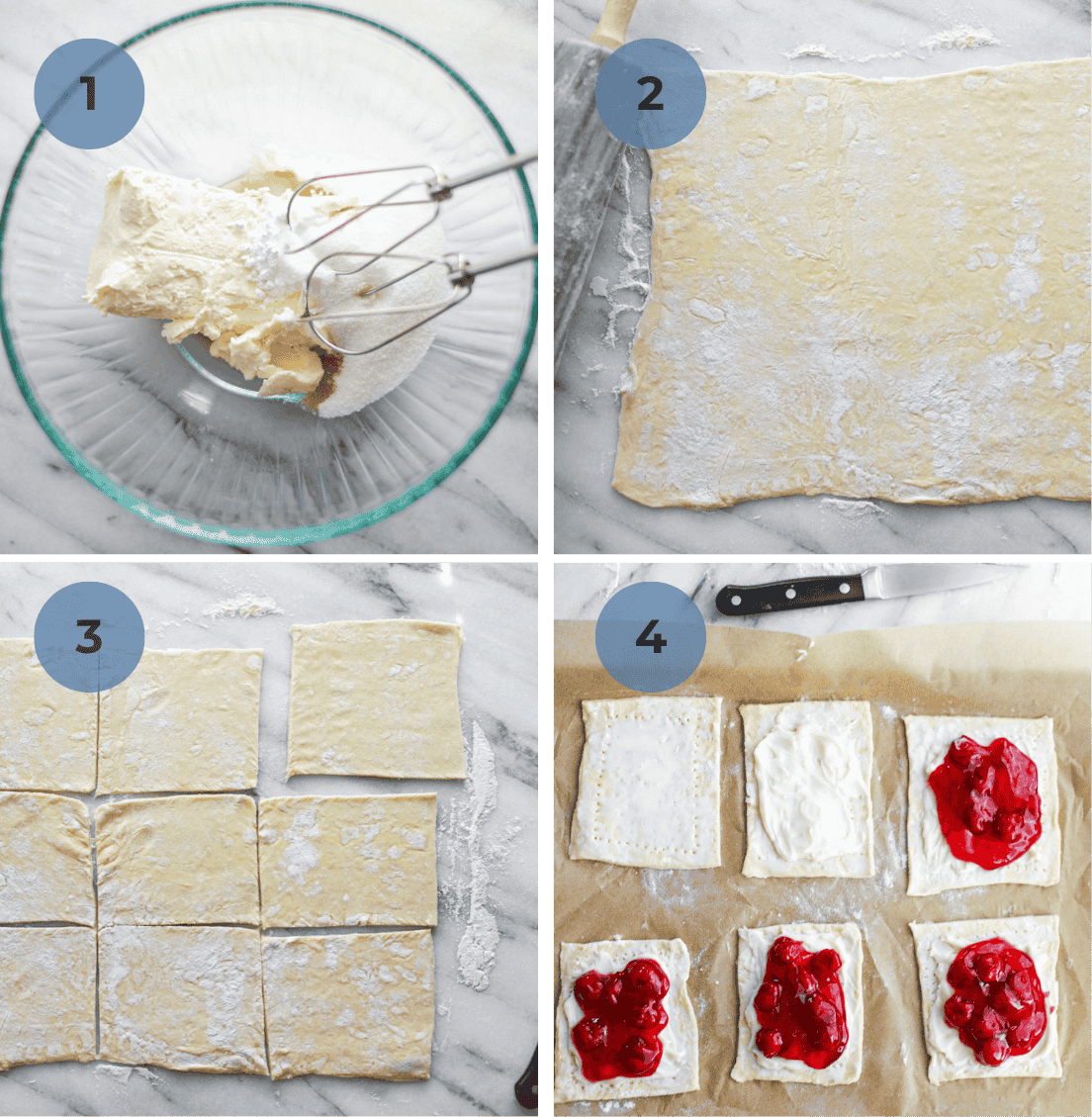 A glass bowl of the cream cheese ingredients, the puff pastry rolled out on a marble board and cut into nine squares, and squared topped with cream cheese and cherry pie filling.