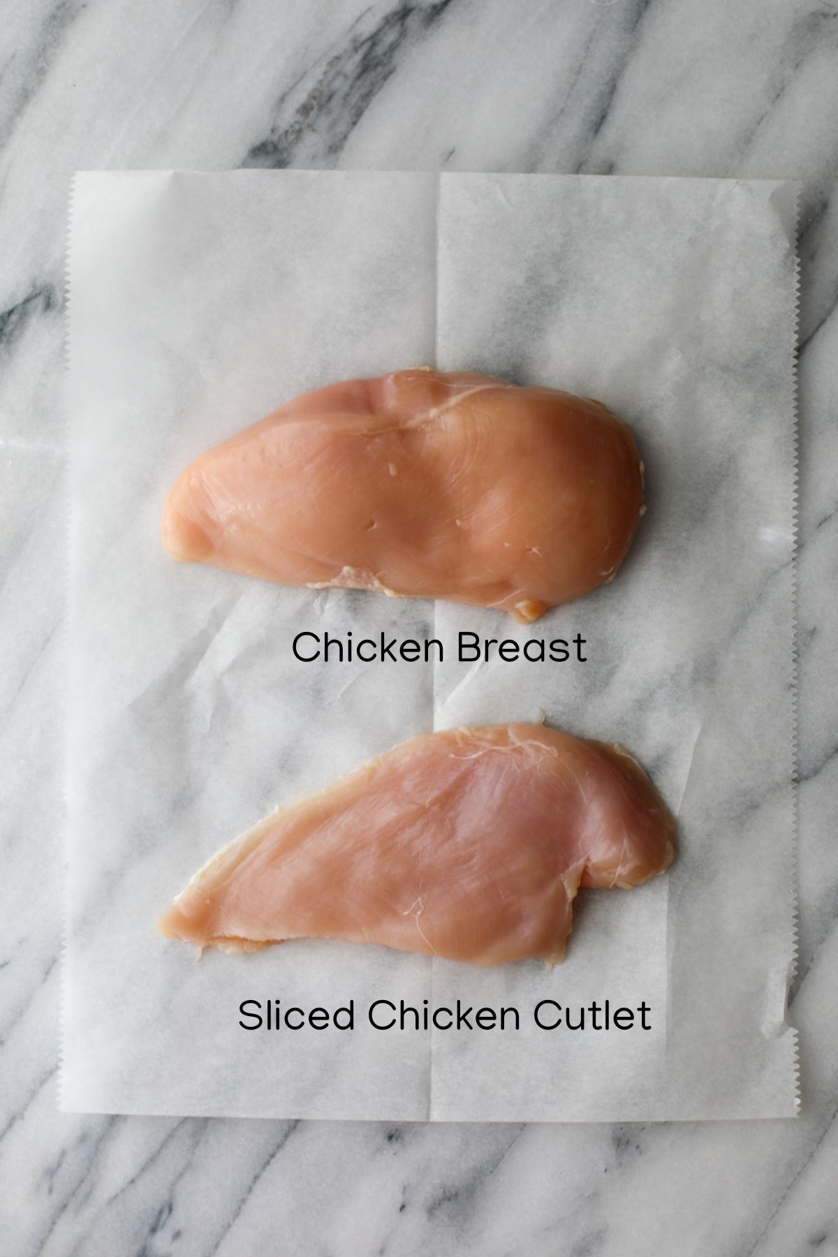 A side by side of the difference between a chicken breast and chicken cutlet.