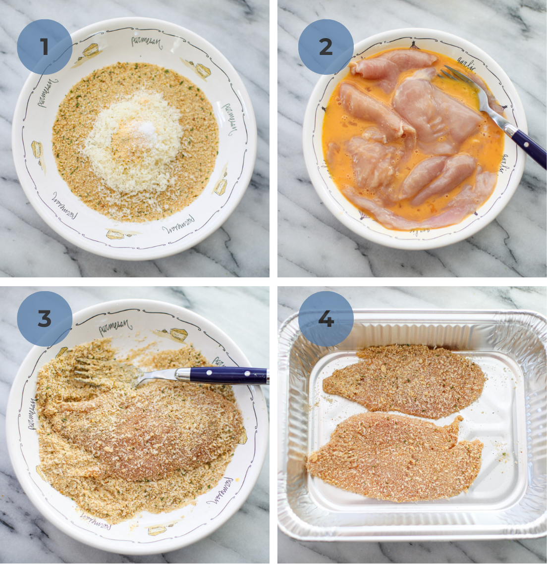 A bowl of breadcrumbs, a bowl of chicken pieces in scrambled egg, a piece of chicken breaded in a bowl of breadcrumbs, 2 slices of chicken cutlets that are breaded laying in a metal throw away pan. 