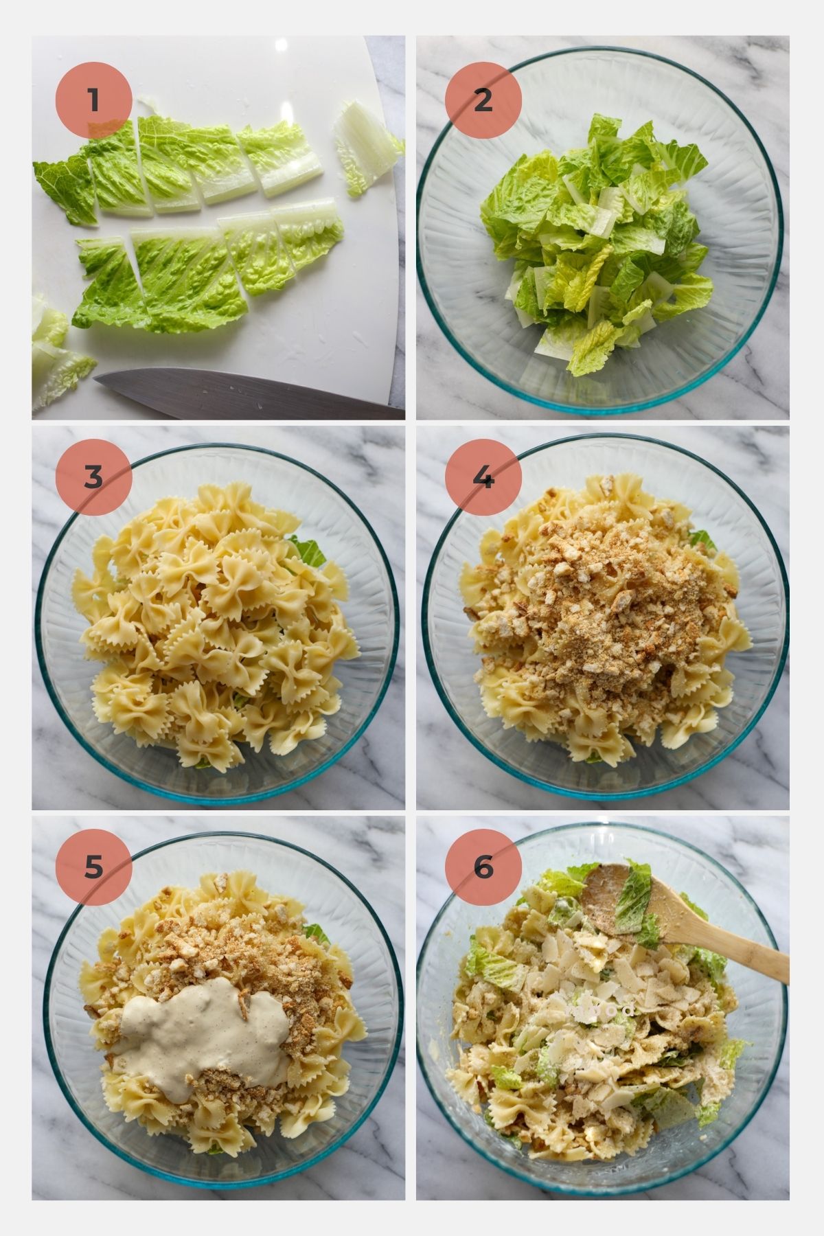 The steps to assemble chicken caesar pasta salad including chopping romaine lettuce and adding it to a bowl, topping with pasta, croutons, caesar dressing, and shaved parmigiano reggiano.