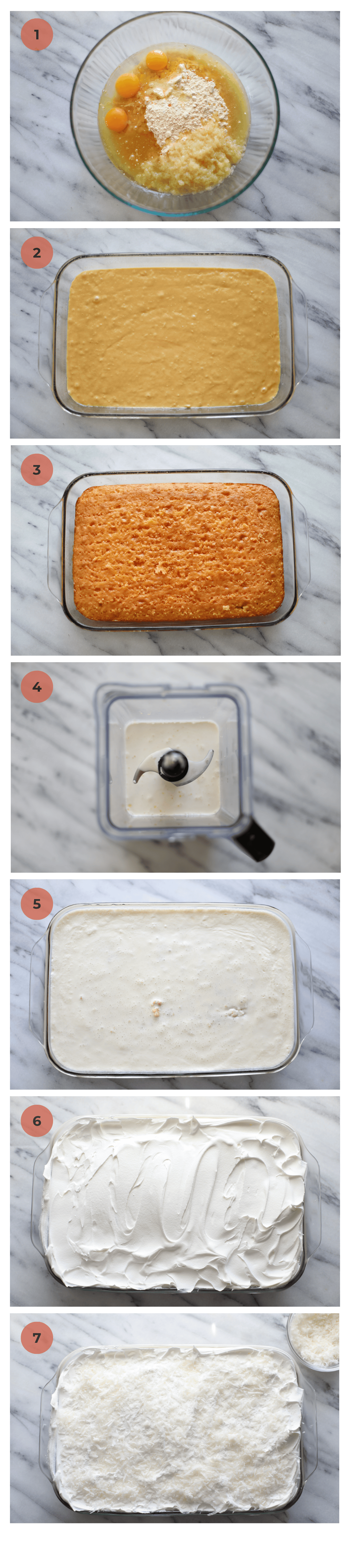 Step by step instructions photos to make Pina colada cake - combine cake mix, eggs, oil, and pineapple to a bowl; add the mixture to a glass 9x13 pan, bake and poke all over with holes, blend your milk mixture, pour over the cake, and top with cool whip and sweetened coconut flakes. 