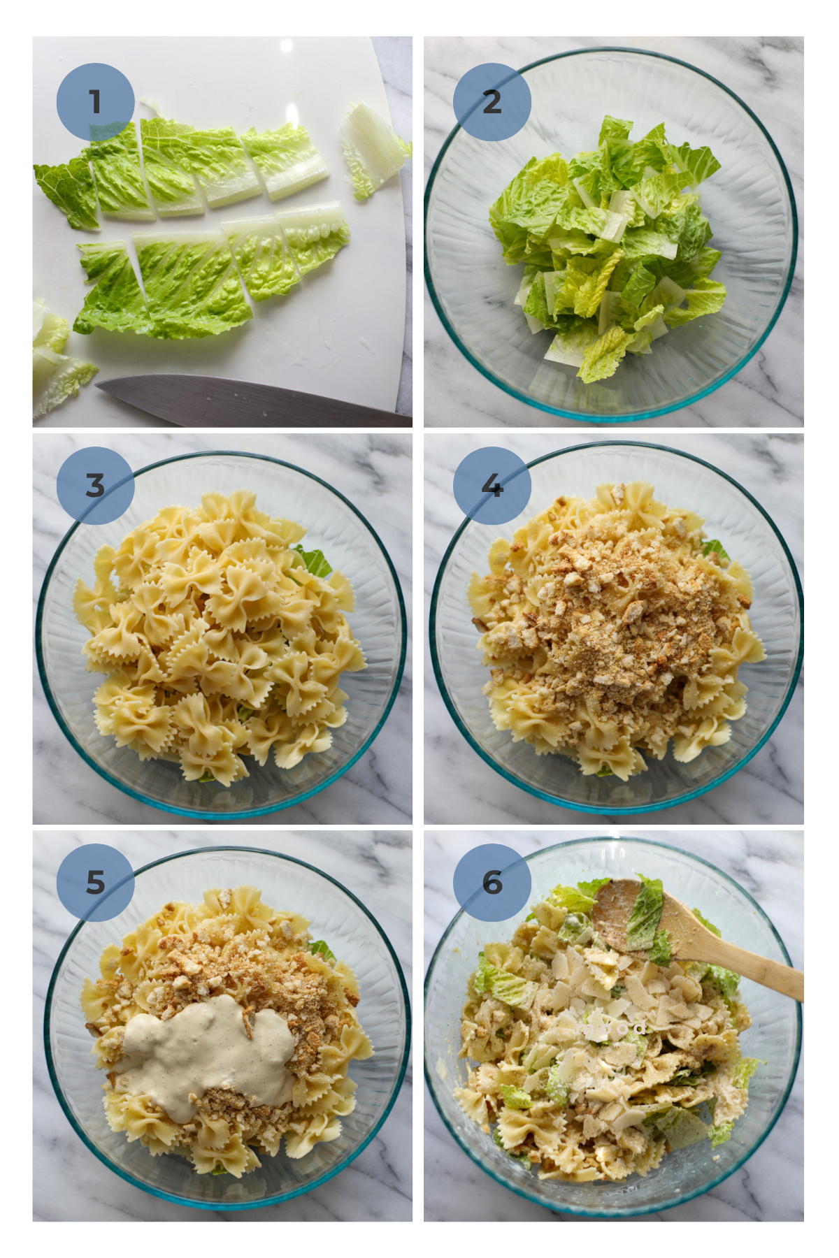 The steps to assemble chicken caesar pasta salad including chopping romaine lettuce and adding it to a bowl, topping with pasta, croutons, caesar dressing, and shaved parmigiano reggiano.