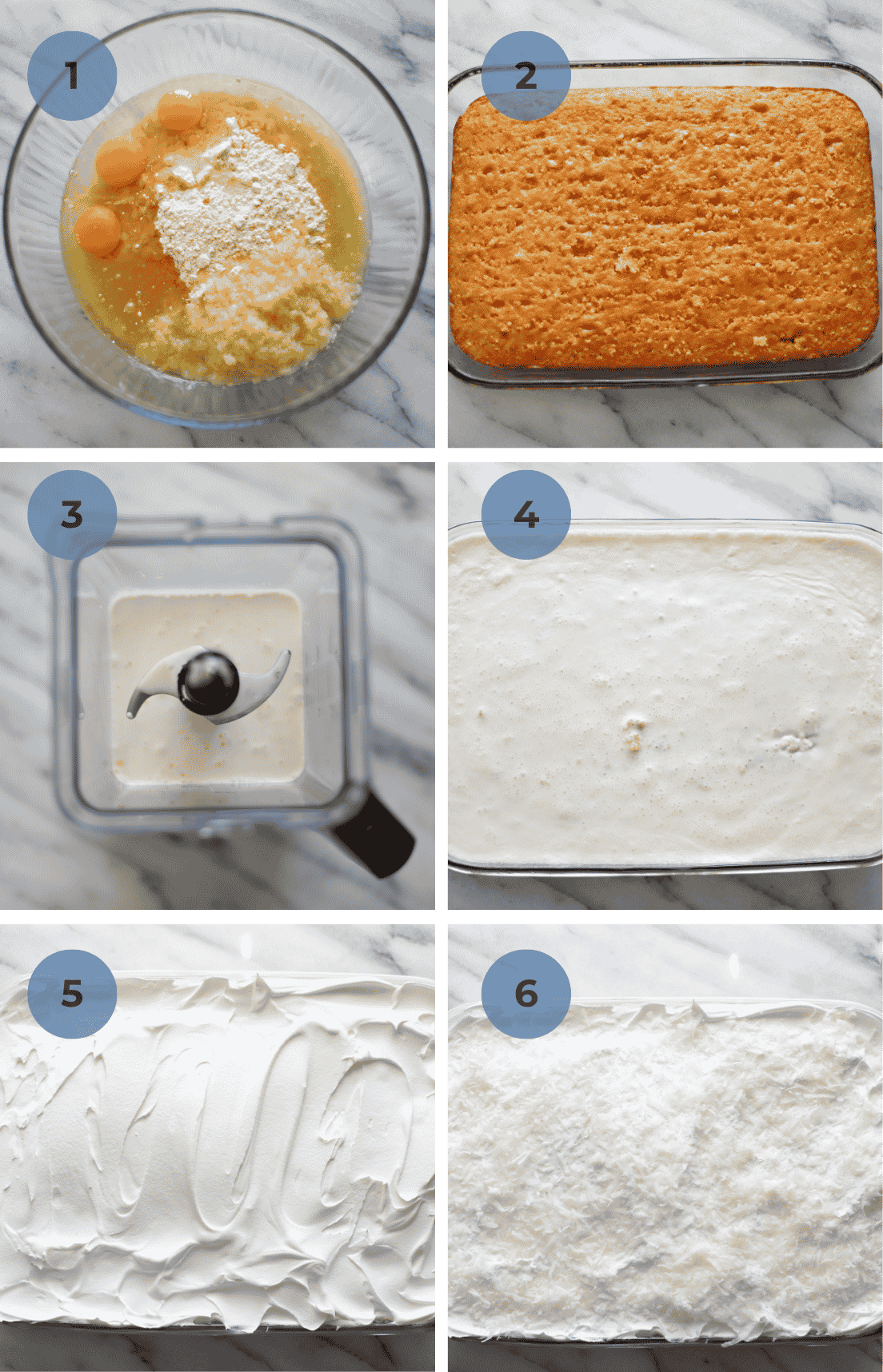 Graphics of how to make Piña colada cake including baking and mixing the cake, making the milk mixture, poking holes for the cake to absorb, and topping the cake.