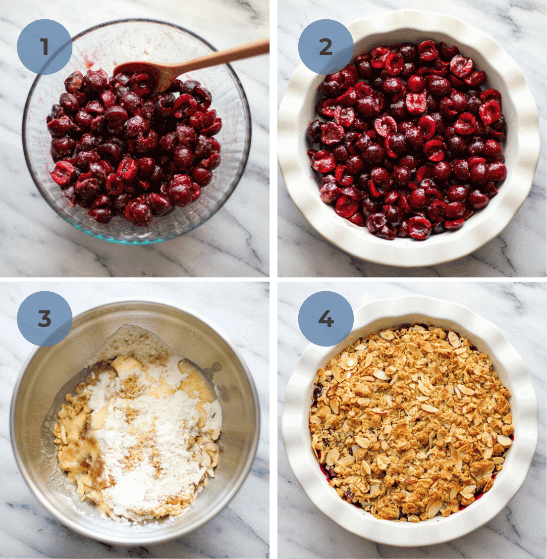 Step by step photos of making cherry pie crisp including mixing your cherry filling, adding the cherry filling to a white ruffled pie dish, mixing together your crisp topping in a stainless steel mixing bowl, and sprinkling the crisp topping over the cherry filling.
