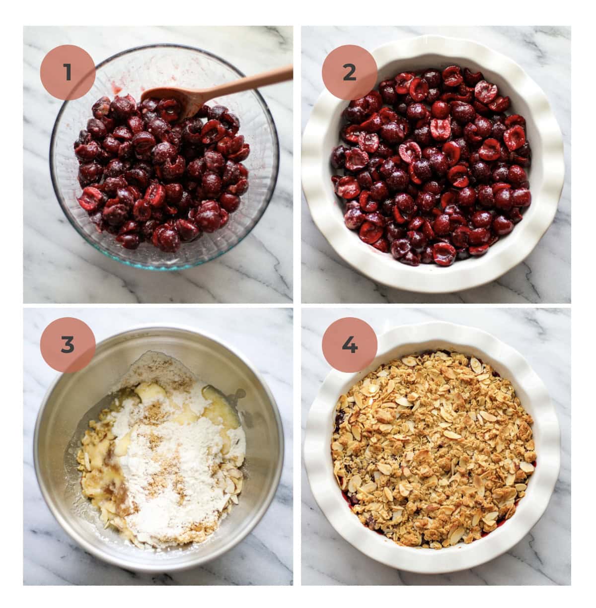 Step by step photos of making cherry pie crisp including mixing your cherry filling, adding the cherry filling to a white ruffled pie dish, mixing together your crisp topping in a stainless steel mixing bowl, and sprinkling the crisp topping over the cherry filling.