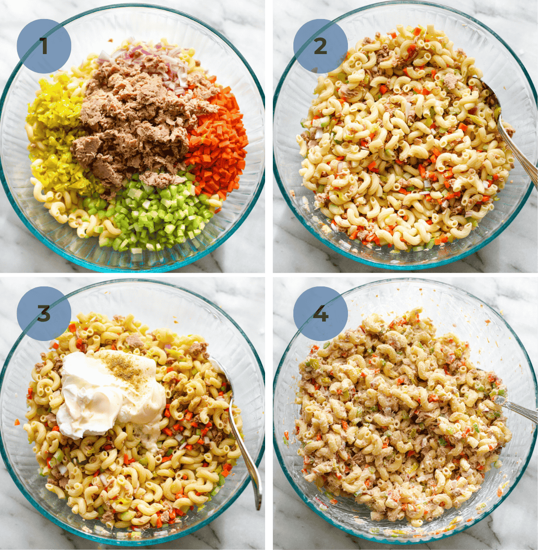 Step by step photos of making tuna pasta salad, starting with adding all of your ingredients to a large clear bowl, the tuna pasta salad is mixed up, a dollop of greek yogurt and light mayonnaise on top, and finally all of the ingredients mixed together.