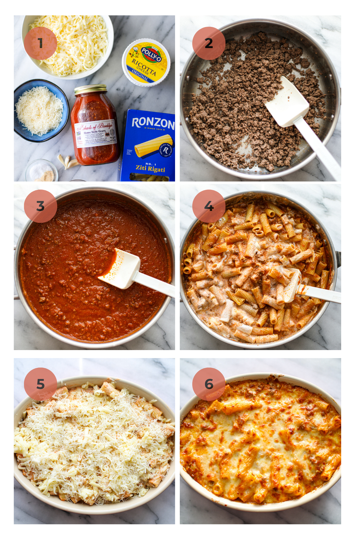 Step by step instruction boxes to make baked Ziti, labeled with numbers including step 1 a photo of ingredients, step 2 a stainless steel sauce pan with browned ground beef and a white spatula, step 3 includes browned ground beef with red marinara sauce mixed in, step 4 includes white ricotta cheese swirled throughout the mixture, step 5 includes placing the red pasta mixture in an oblong baking dish and topping with shredded mozzarella, and step 6 shows the crispy cheese topping and noodles after coming out of the oven.