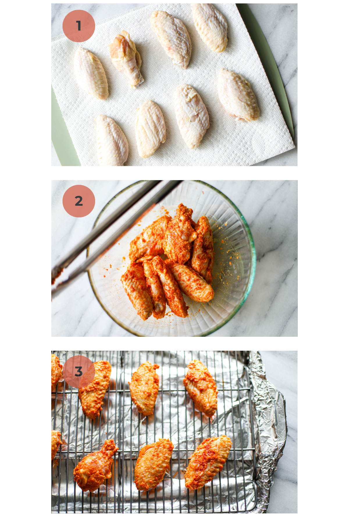 3 step by step images to make oven baked chicken wings including step 1 a green cutting board lined with white paper towels with 8 raw chicken wings resting on top, step 2 is a large glass bowl with the chicken wings inside tossed with the reddish-orange seasoning mixture with tongs laid on the side, and step 3 shows the seasoned chicken wings laying on a foil lined baking sheet with a wire rack placed several inches apart. 