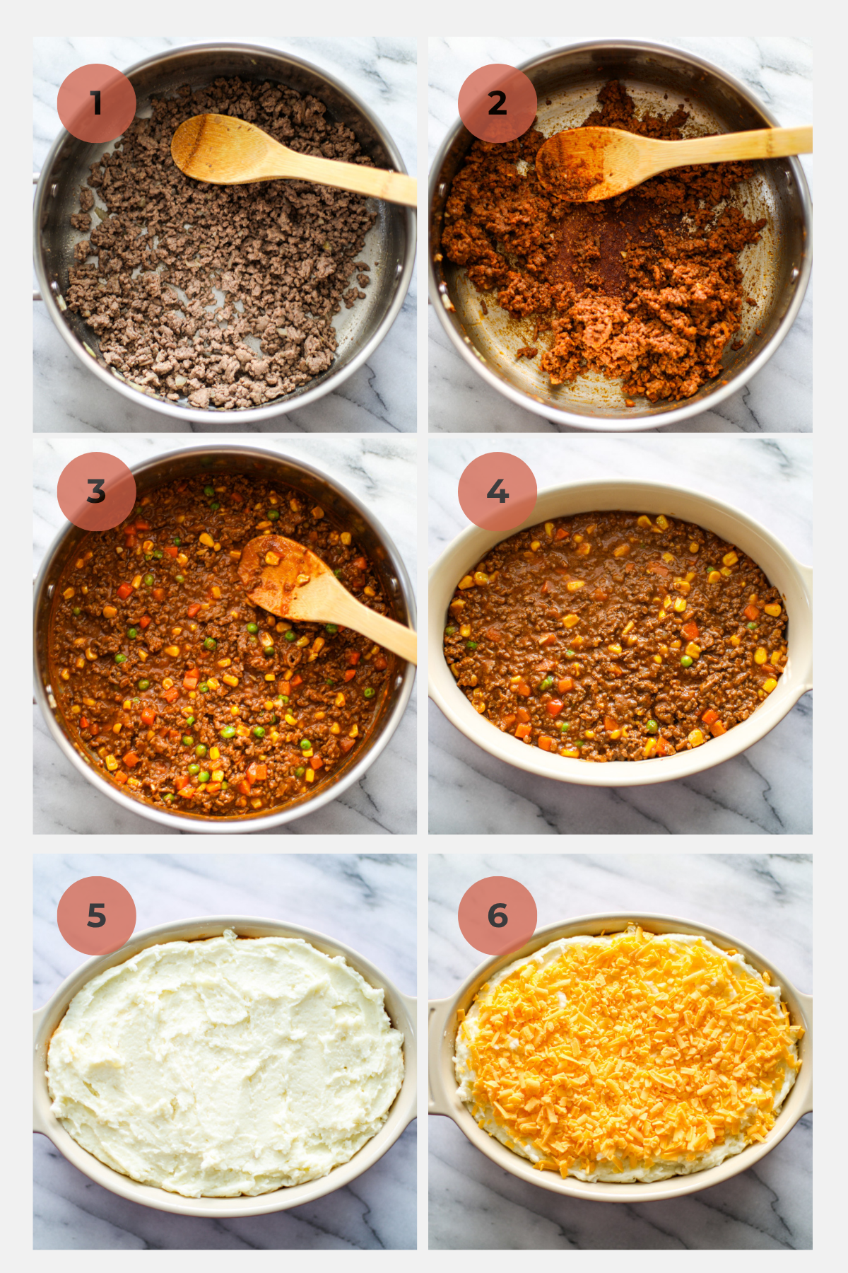 Step by step instructions to make cottage pie starting with step 1 browning the ground beef, step 2 adding the tomato paste and seasonings, step 3 adding the broth and vegetables, step 4 adding the filling to the casserole dish, step 5 topping the filling with mashed potatoes, and step 6 topping with shredded cheese.
