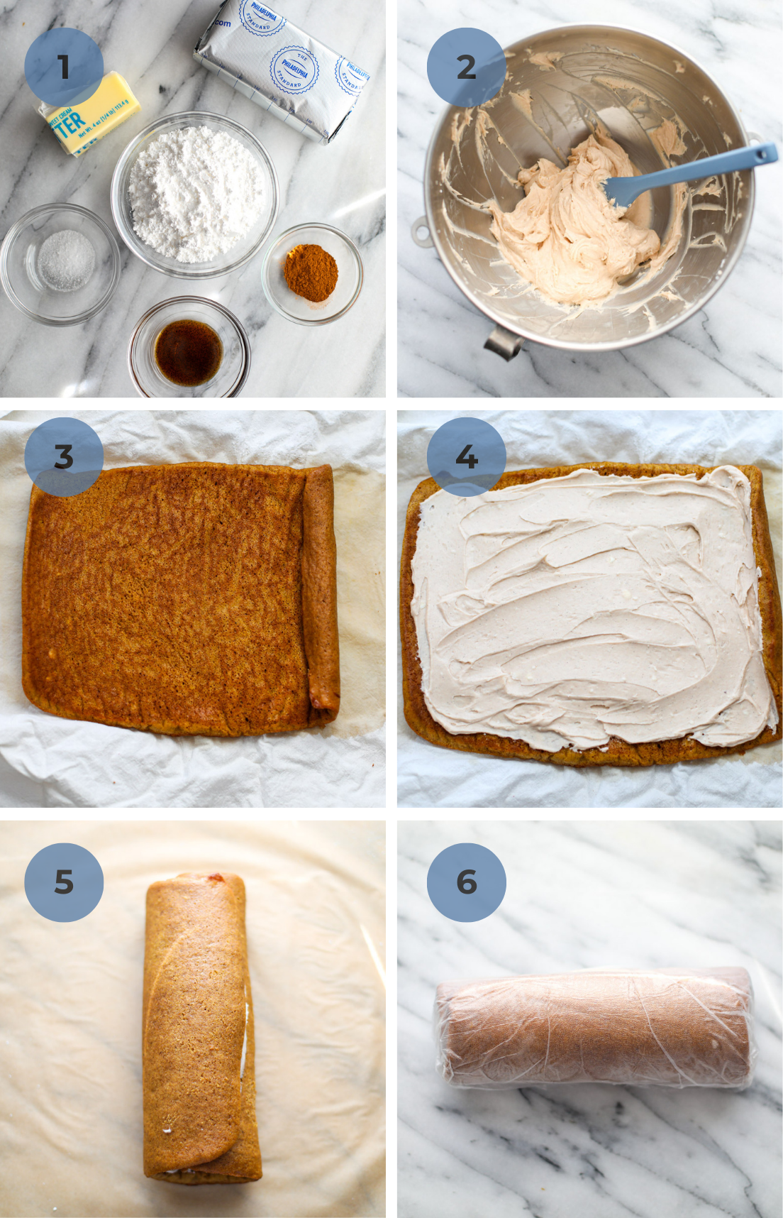 Step by step instructions with ingredients, a bowl of filling, the unrolled pumpkin cake, the filling spread on the cake, the cake rolled up and the cake wrapped in plastic wrap.