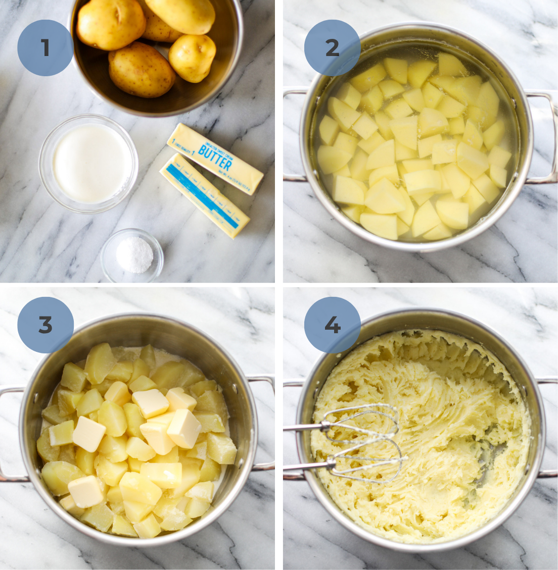 Step by step instructions including ingredients, a bowl of cut potatoes in water, a bowl of cooked potatoes with butter, and a bowl of whipped potatoes.