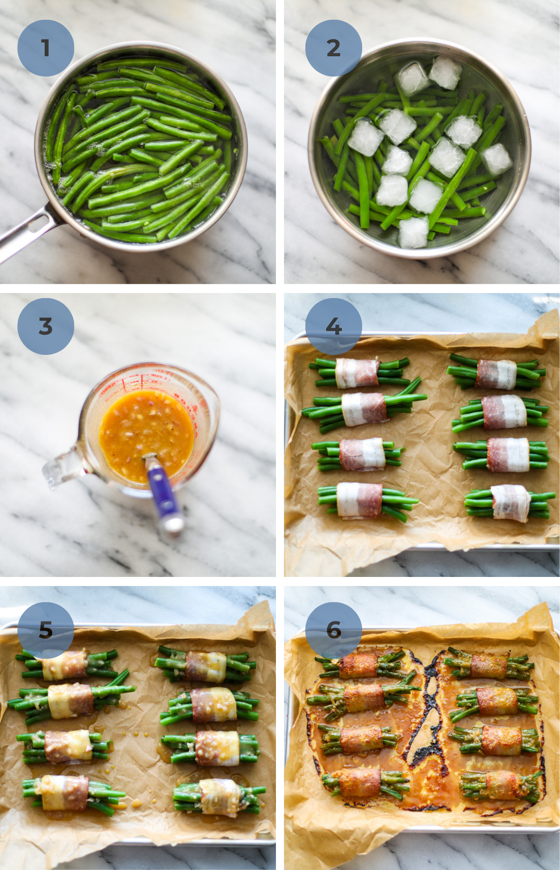 Step by step instructions to make green bean bundles including blanching green beans in a stainless steel pot, a stainless steel bowl  with green beans and ice cubes, glaze in a measuring cup, a tray of green beans wrapped in bacon before and after cooking.