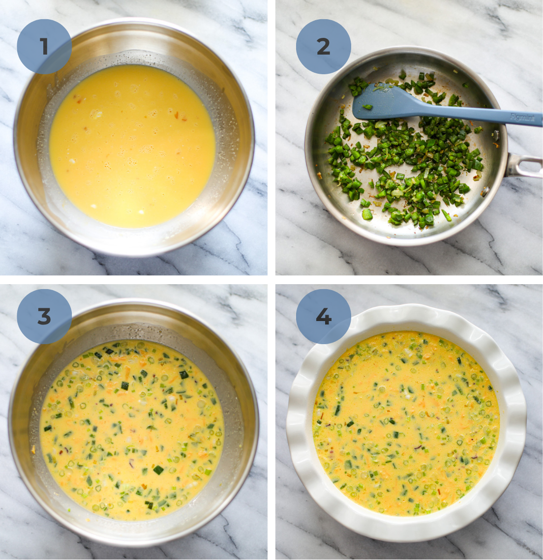 Step by step ingredients to make jalapeño popper quiche including combining your eggs and milk, sautéing your peppers and onions, add it all together in a bowl, and add it to a pie dish.