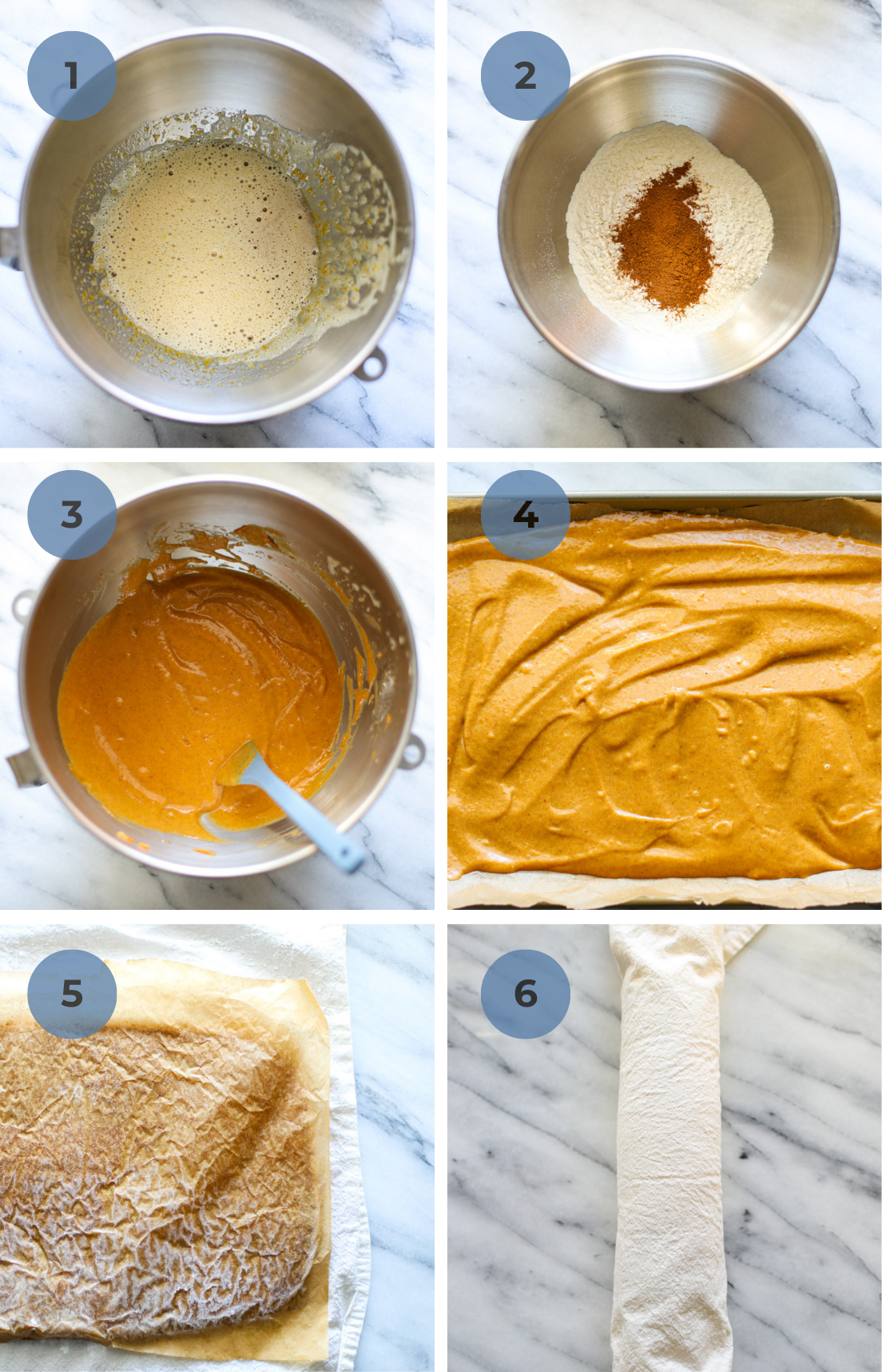 Step by step instructions starting with a bowl of sugars, then a bowl of flour and cinnamon, a bowl of pumpkin roll batter, a baking pan with the cake mixture, the cake inverted on a towel and then rolled up in a towel.