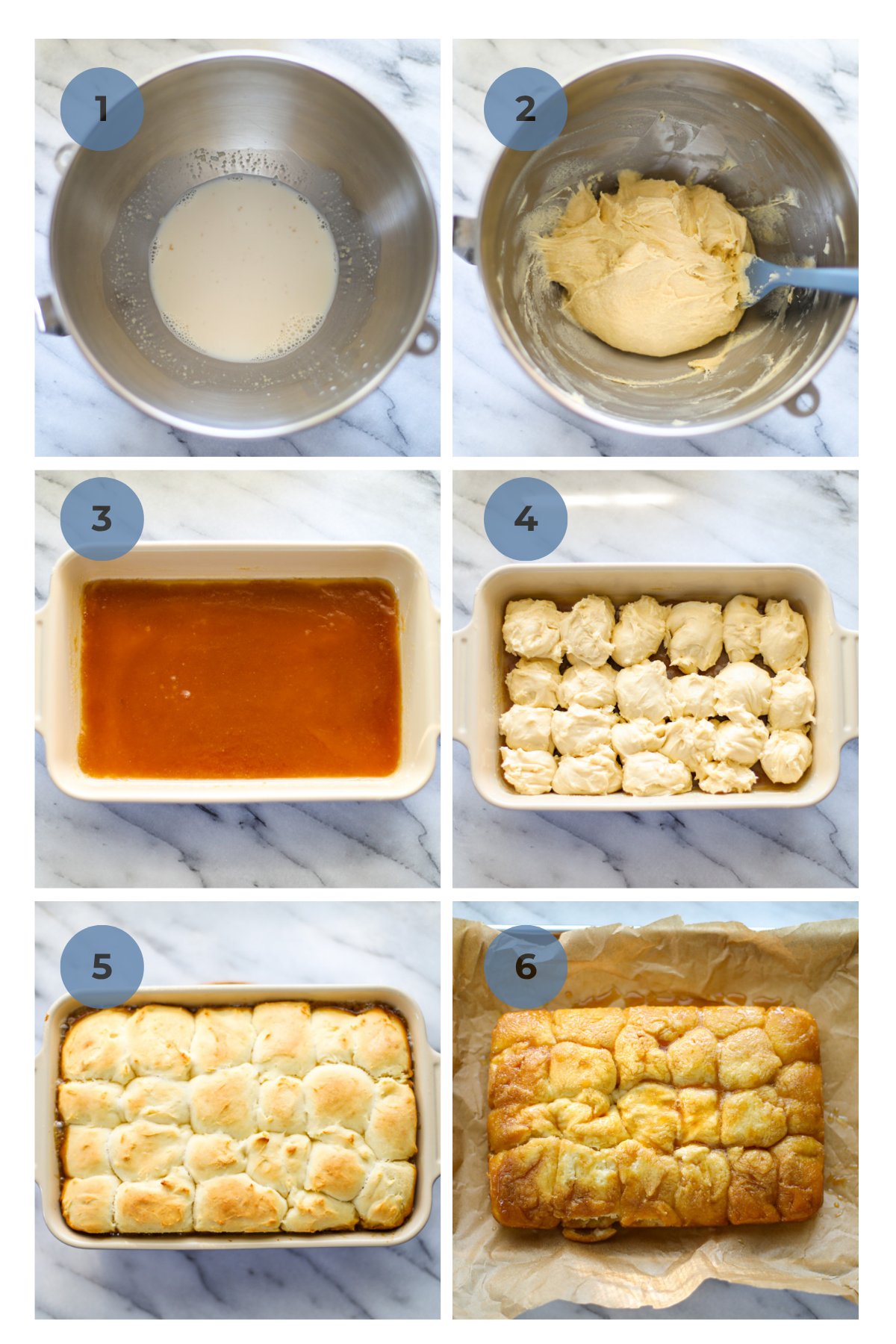 Step by step instructions for making sticky buns including a steel bowl of milk activating yeast, picture 2 is the bowl of made dough, step 3 shows the caramel mixture on the bottom of the baking dish, step 4 has the dough spooned on top of the caramel, step 5 has the cooked sticky buns, and step 6 shows the sticky buns inverted onto a baking sheet.