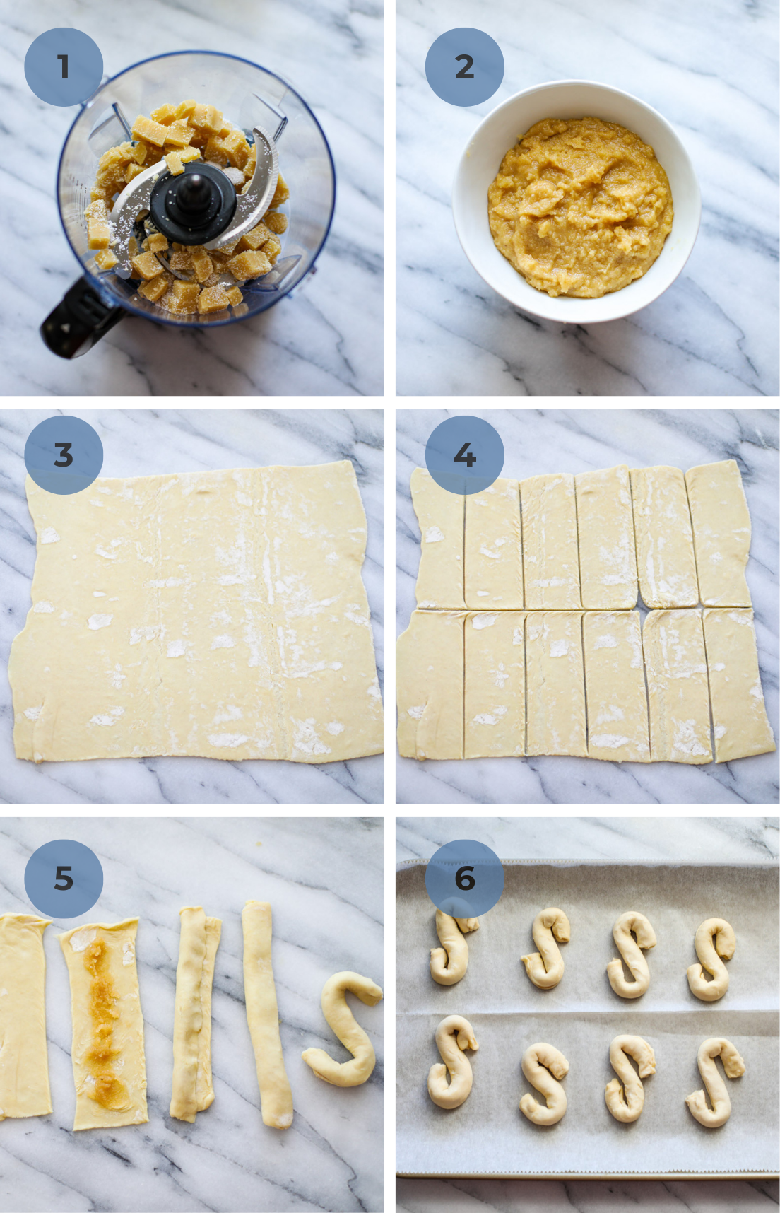 Step by step instructions including a food process with cubed almond paste, a white bowl of almond filling, a rolled out piece of puff pastry then cut into strips, and rolled into logs and S shapes. 