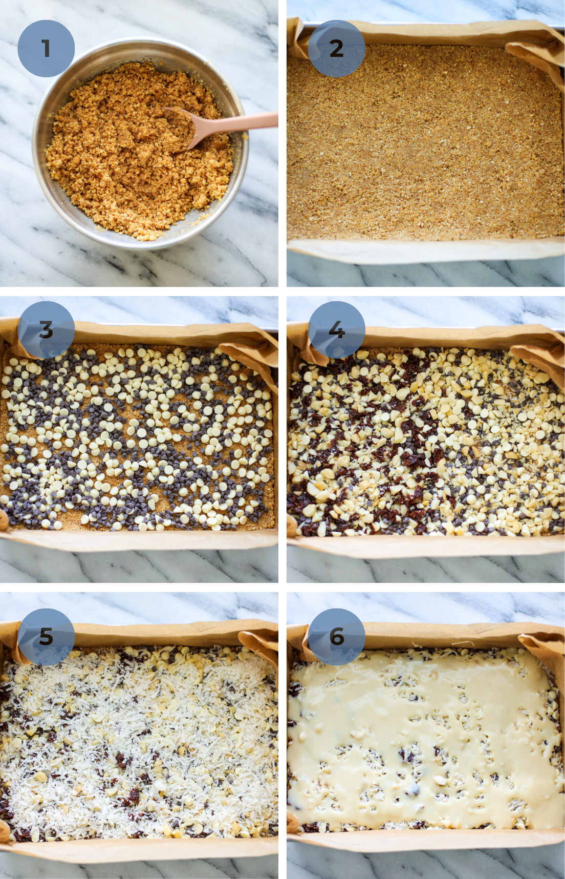 Step by step instructions to make bars including mixing the crust with a pink spoon, pressing the crust into a parchment lined silver pan, and sprinkling the toppings.