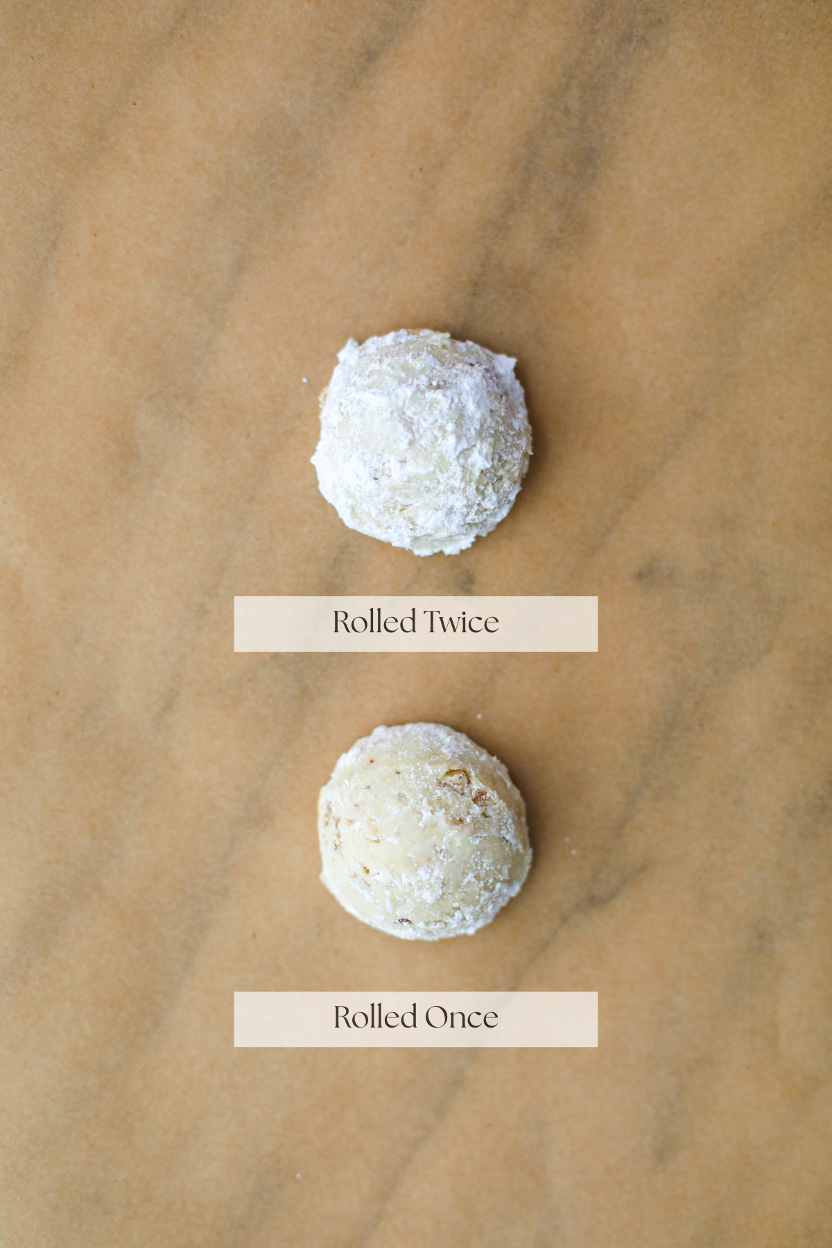 One snowball shown only rolled once in powdered sugar and one snowball rolled twice that is extra white. 