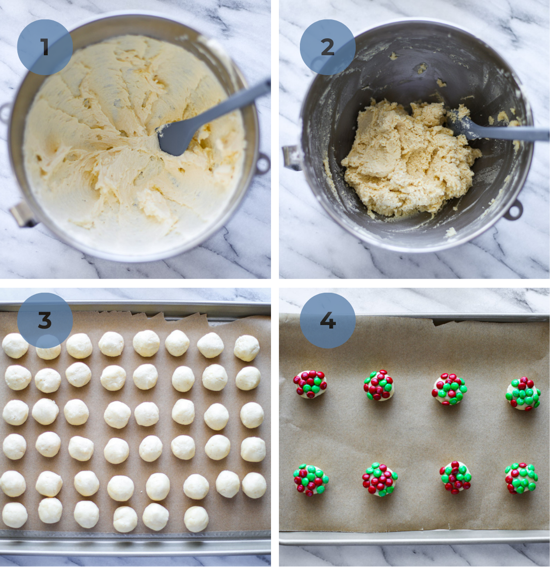Step by step instructions to make Christmas Mini M&M Butter Cookies including whipping the butter and egg in a stainless steel bowl, adding in the flour, rolling out small dough balls on a sheet pan, and dipping them in red and green mini M&Ms.