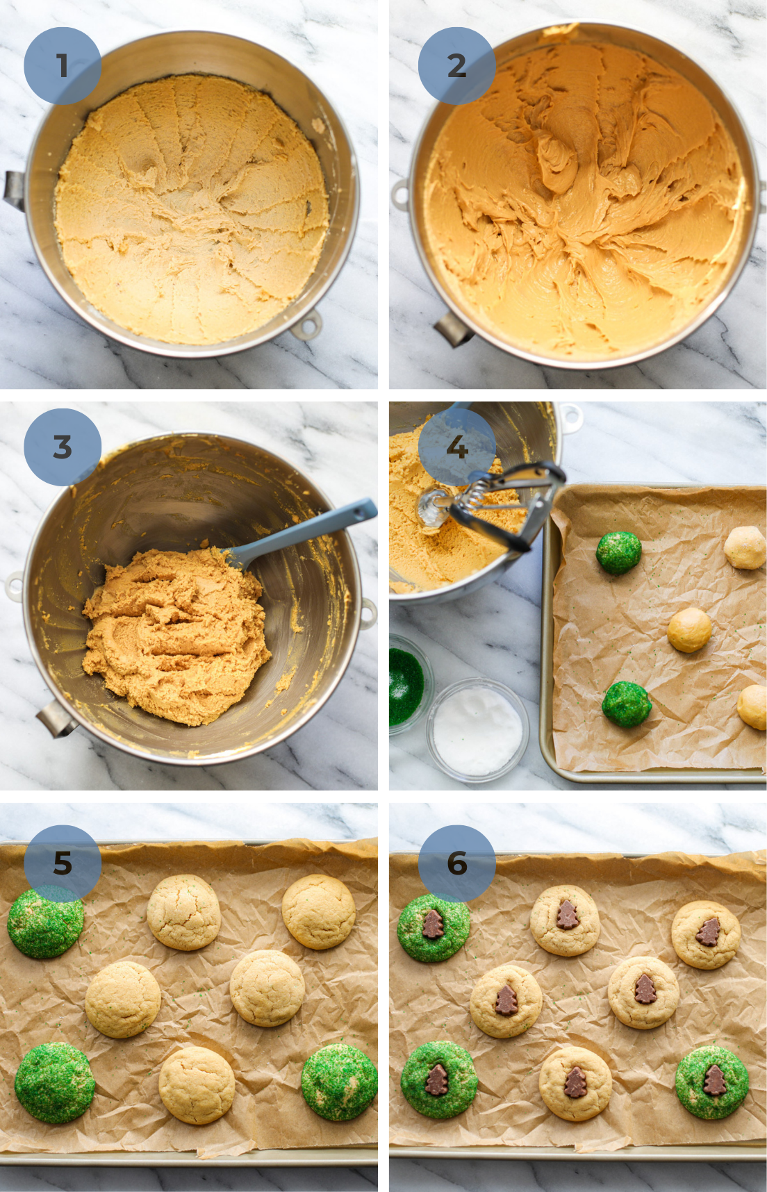Step by step instructions graphic starting with creaming butter and sugar in a mixing bowl, adding the remaining wet ingredients, adding the dry ingredients, scooping the cookie dough balls, baking them and topping with tree chocolates.