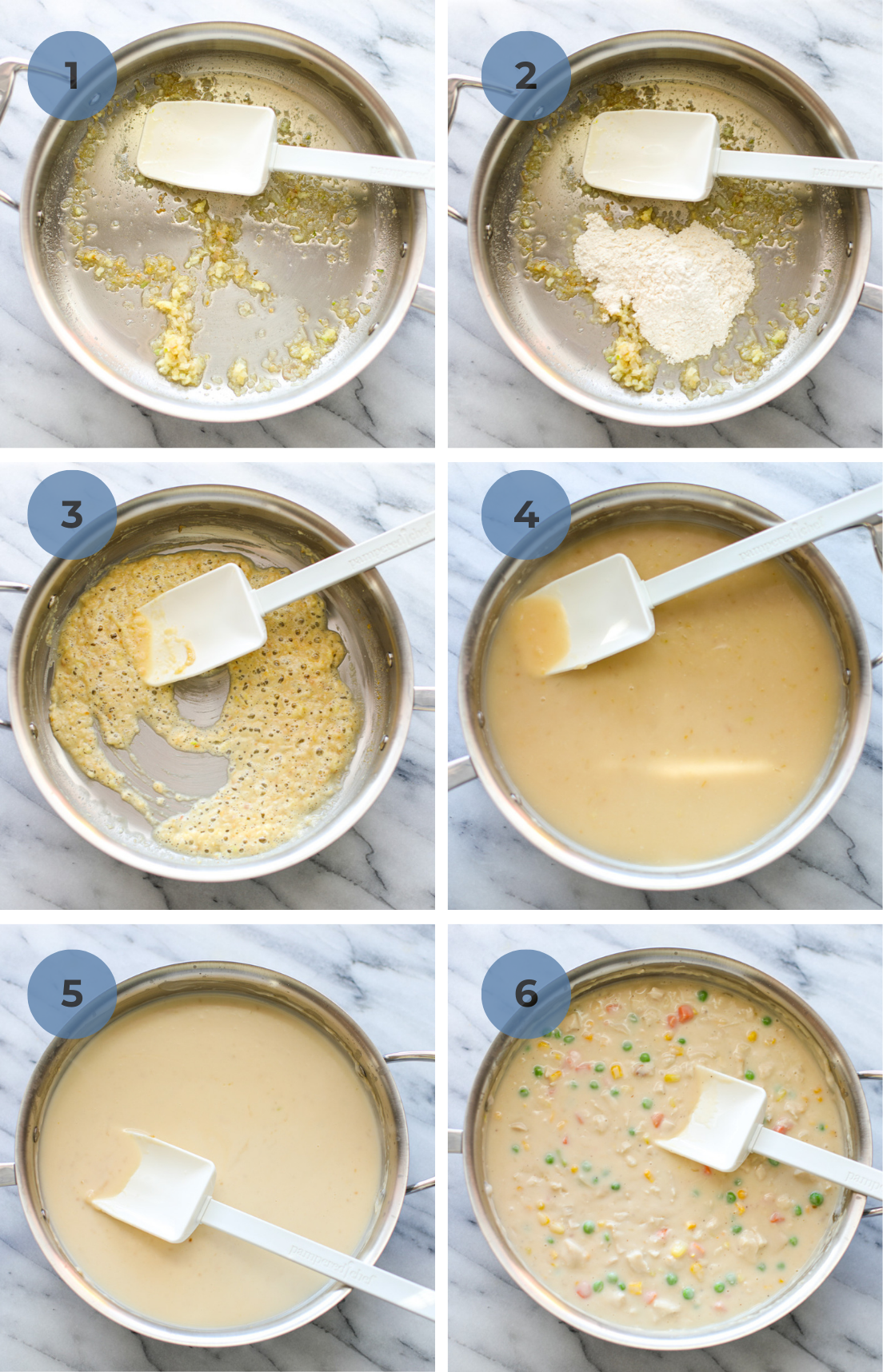 A stainless steel pan with sautéed shallot, added flour, adding cream, adding milk, and adding in the chicken and vegetables. 