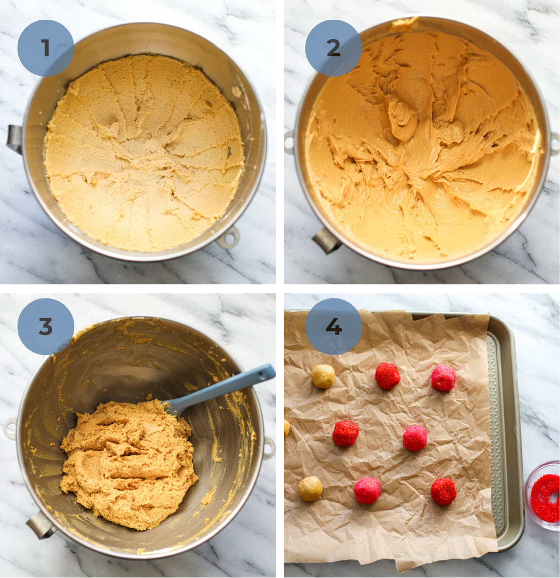 A stainless mixing bowl of creamed. butter and sugar, adding in the peanut butter, and then adding in the flour, followed by rolling out balls of cookie dough and rolling them in red sanding sugar. 