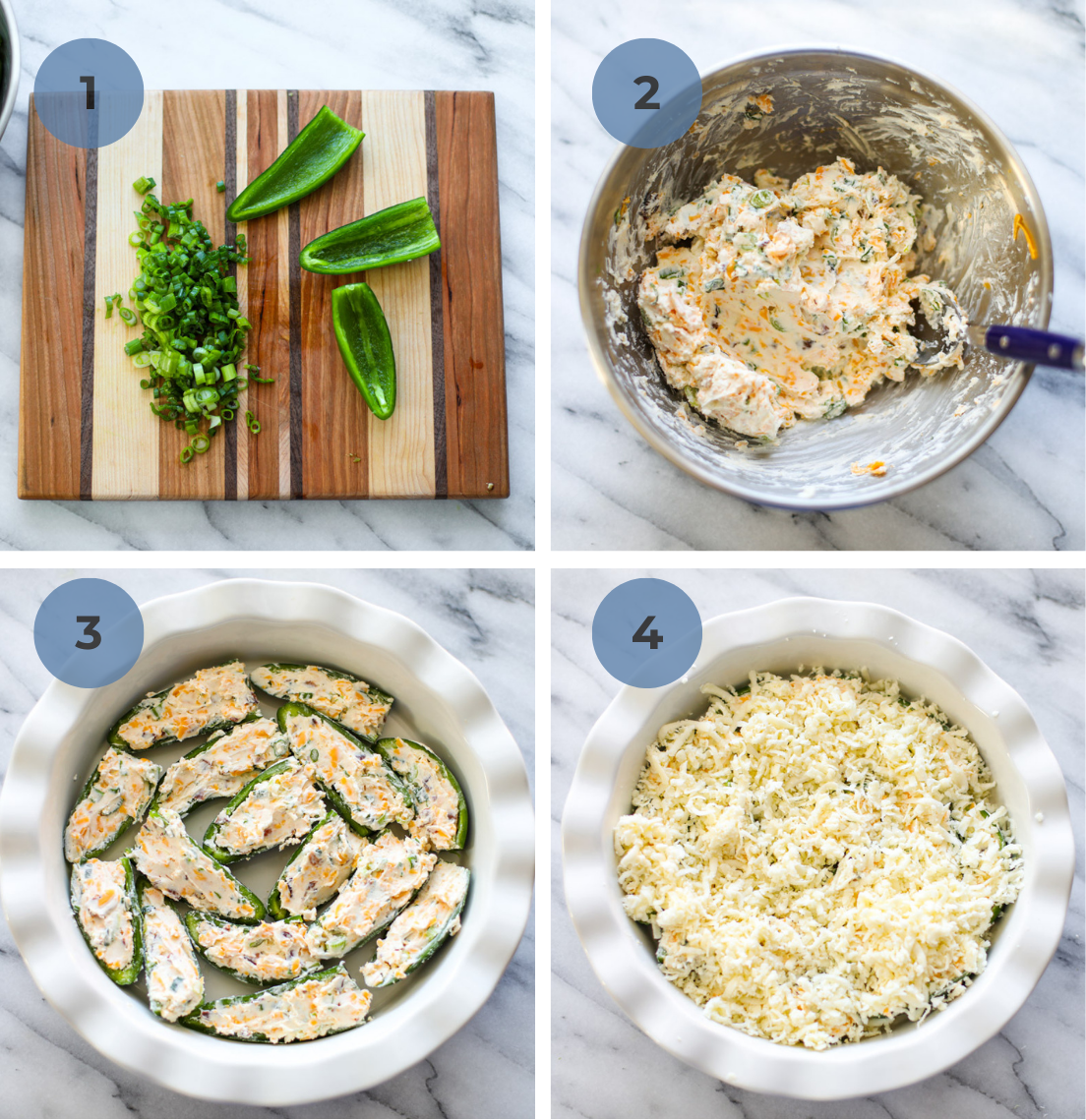 Step by step instructions including slicing the jalapeños, chopping green onions, mixing a cream cheese filling in a stainless bowl, filling jalapeños with filling in a white pie dish, and topping with shredded mozzarella. 