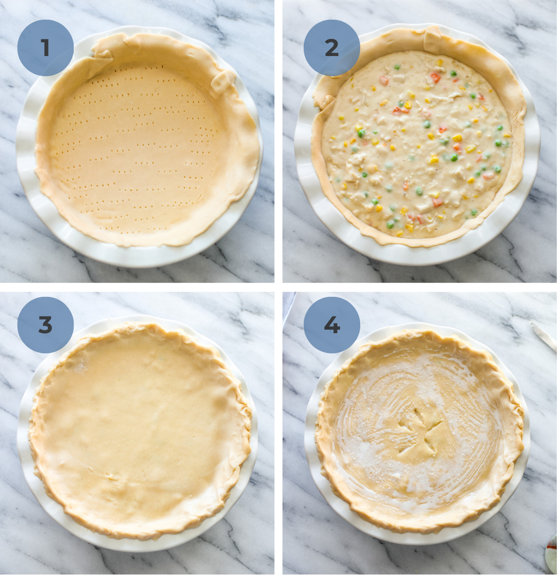 A docked pie crust in a white plate, added in filling, crimped pie crust, and brushed on heavy cream and sprinkled salt. 