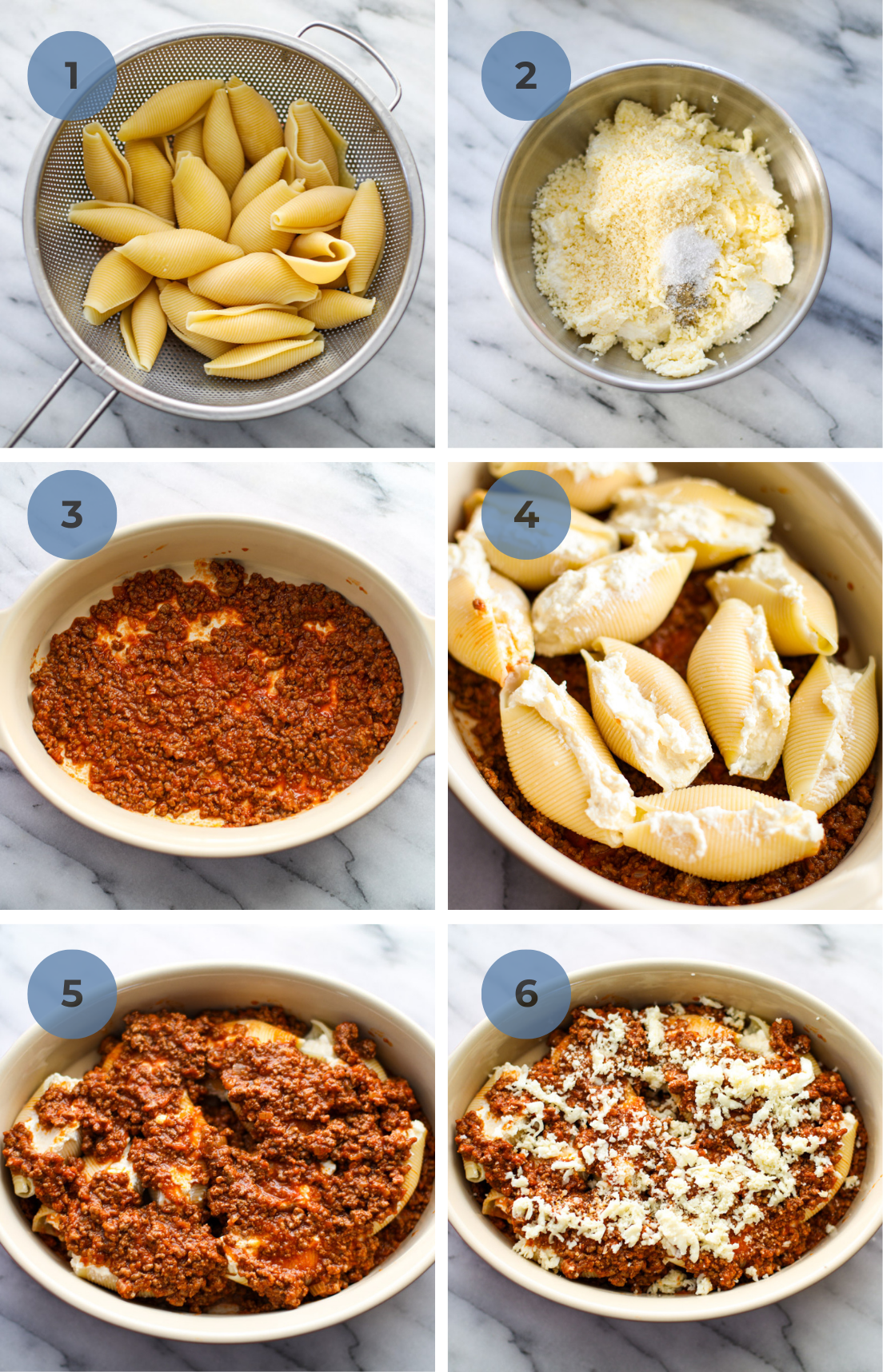 A stainless steel strainer with cooked jumbo stuffed shells, a stainless steel bowl of ricotta cheese, a baking dish with a layer of red meat sauce, adding on shells stuffed with the cheese mixture, topping the shells with meat sauce, and sprinkling fresh mozzarella on top. 