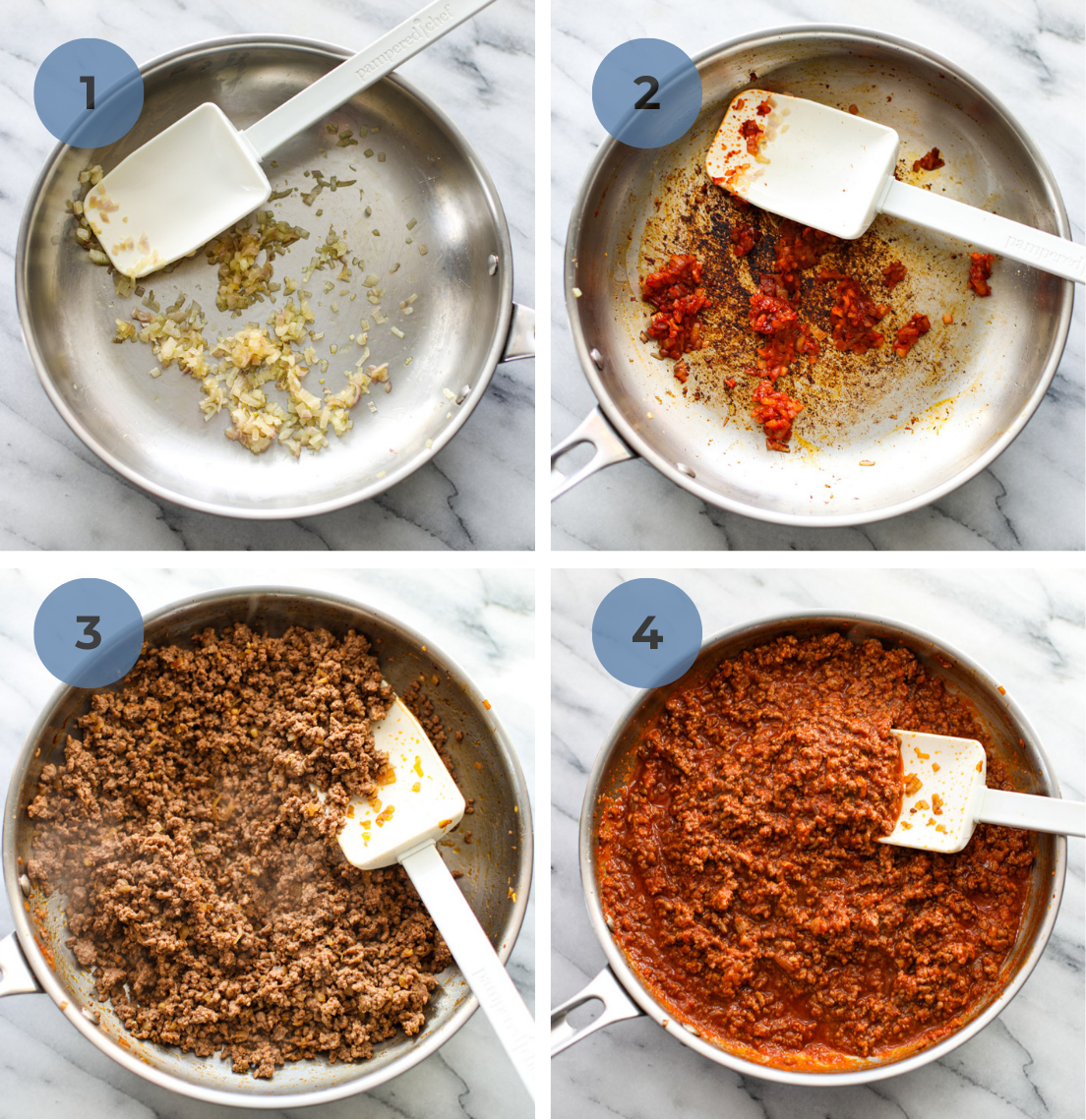 A stainless steel pan with sautéed shallots, adding in tomato paste and caramelizing, browning ground beef, and adding in to make a rich, red meat sauce. 