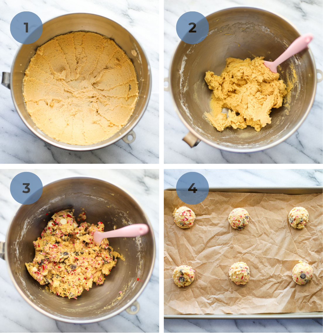 Stainless steep bowl of creamed butter and sugar with a pink spoon, adding in sprinkles and chocolate chips, and scooping cookie dough balls on a parchment lined baking sheet.