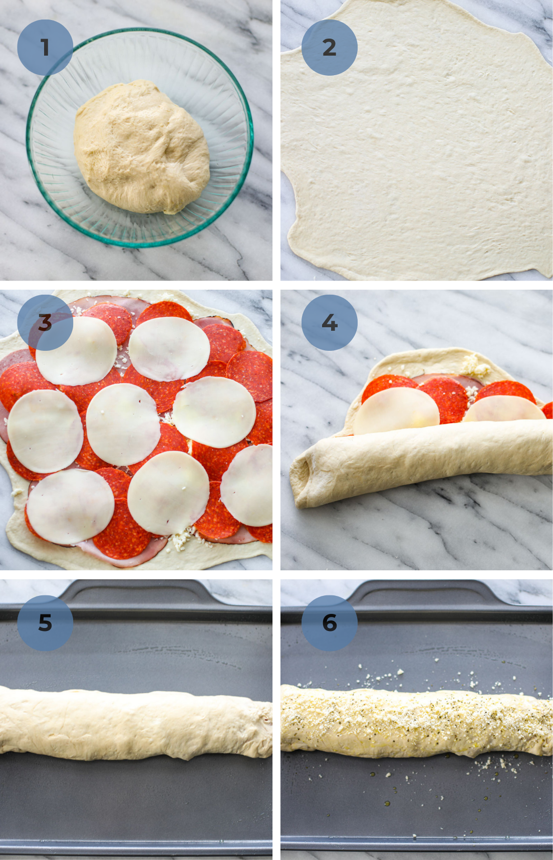 A glass bowl of pizza dough. Rolled out pizza dough on a cutting board. Layering the dough with meats and cheeses and then rolling it up and placing it on a large silver baking sheet. 