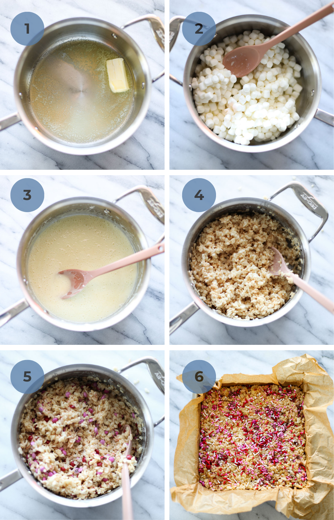 Melted butter in a saucepan, adding marshmallows, mixing in rice krispies, adding red and pink mini M&Ms, and adding them to parchment lined baking pan.